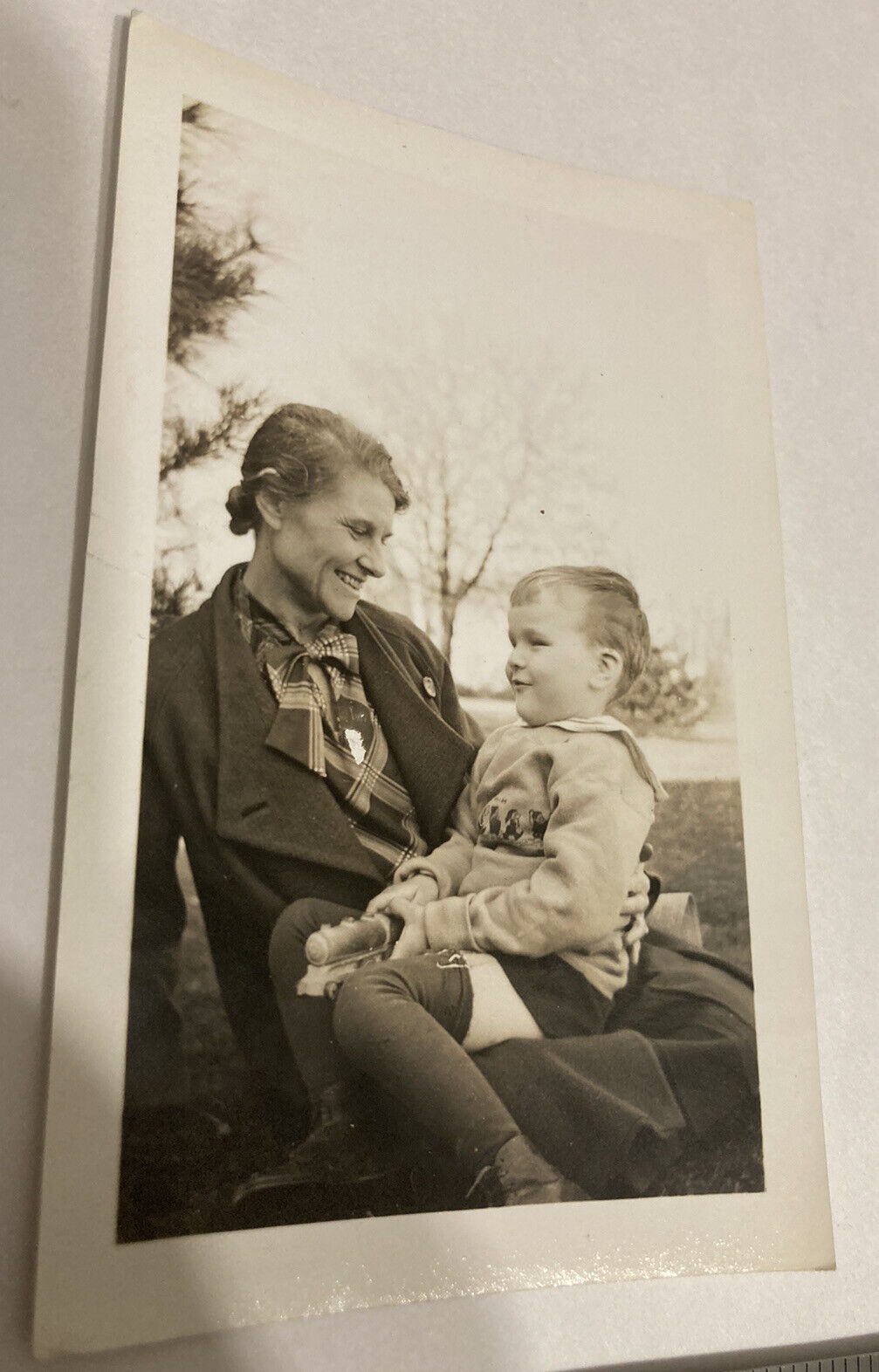 Early 1900s Photo Boy Holding Toy Train Sits On Mom’s Lap, Mother's Love