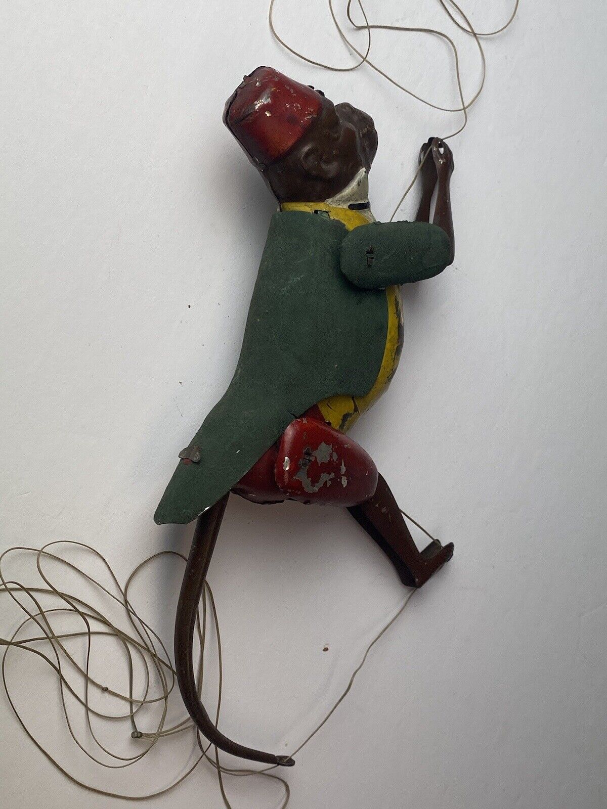 Early VINTAGE TIN TOY CLIMBING MONKEY On String Mechanical Toy 1900’s