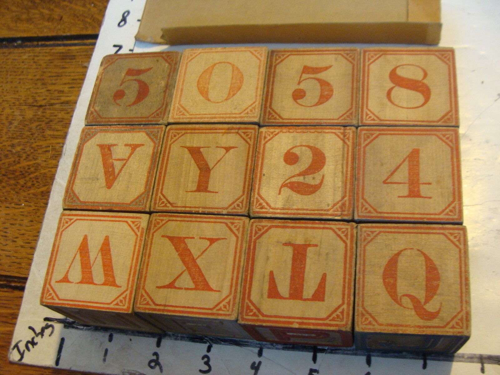 Early set of Embossed ALPHABET BLOCKS in box, set of 12, early 1900's