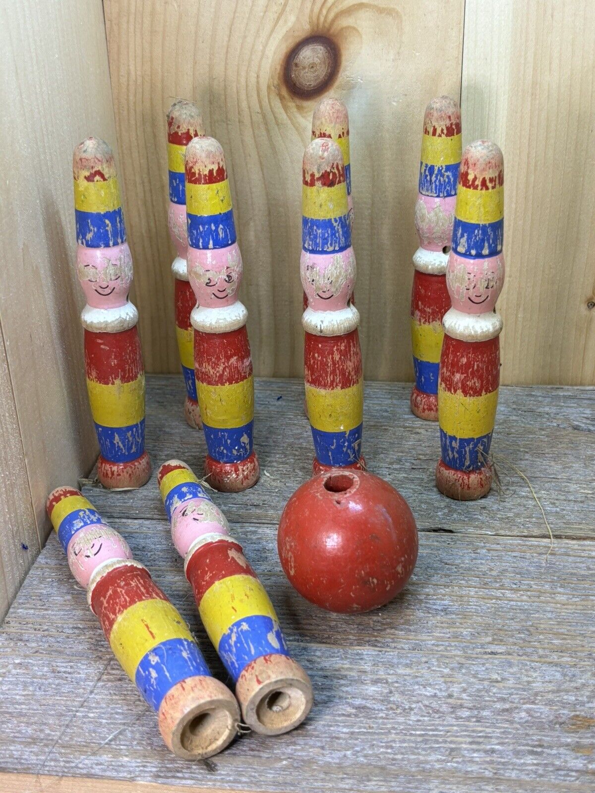 Antique Set of 9 Wooden Skittles / Game Complete Hand Painted