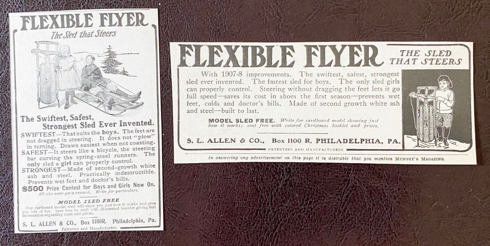 c1900s S.L.Allen FLEXIBLE FLYER Vtg Print Ads~Winter Snow Sled Kid Toy Xmas Gift