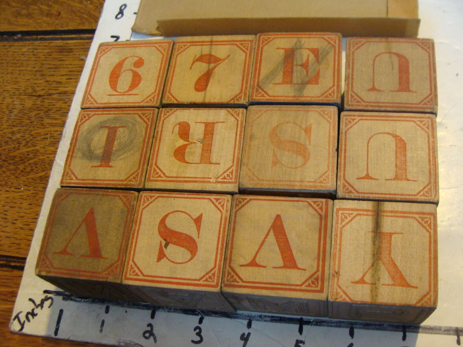 Early set of Embossed ALPHABET BLOCKS in box, set of 12, early 1900's