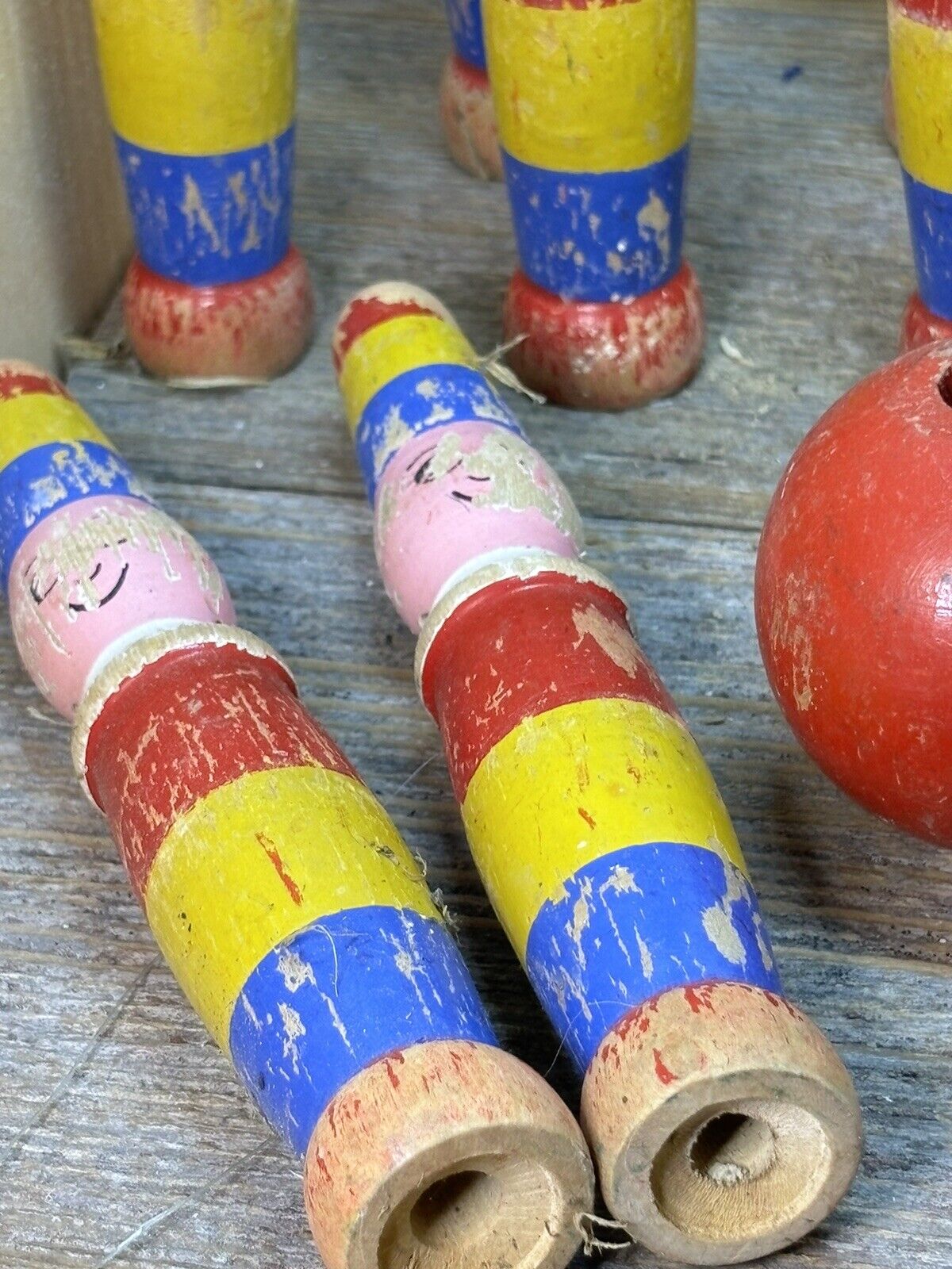 Antique Set of 9 Wooden Skittles / Game Complete Hand Painted
