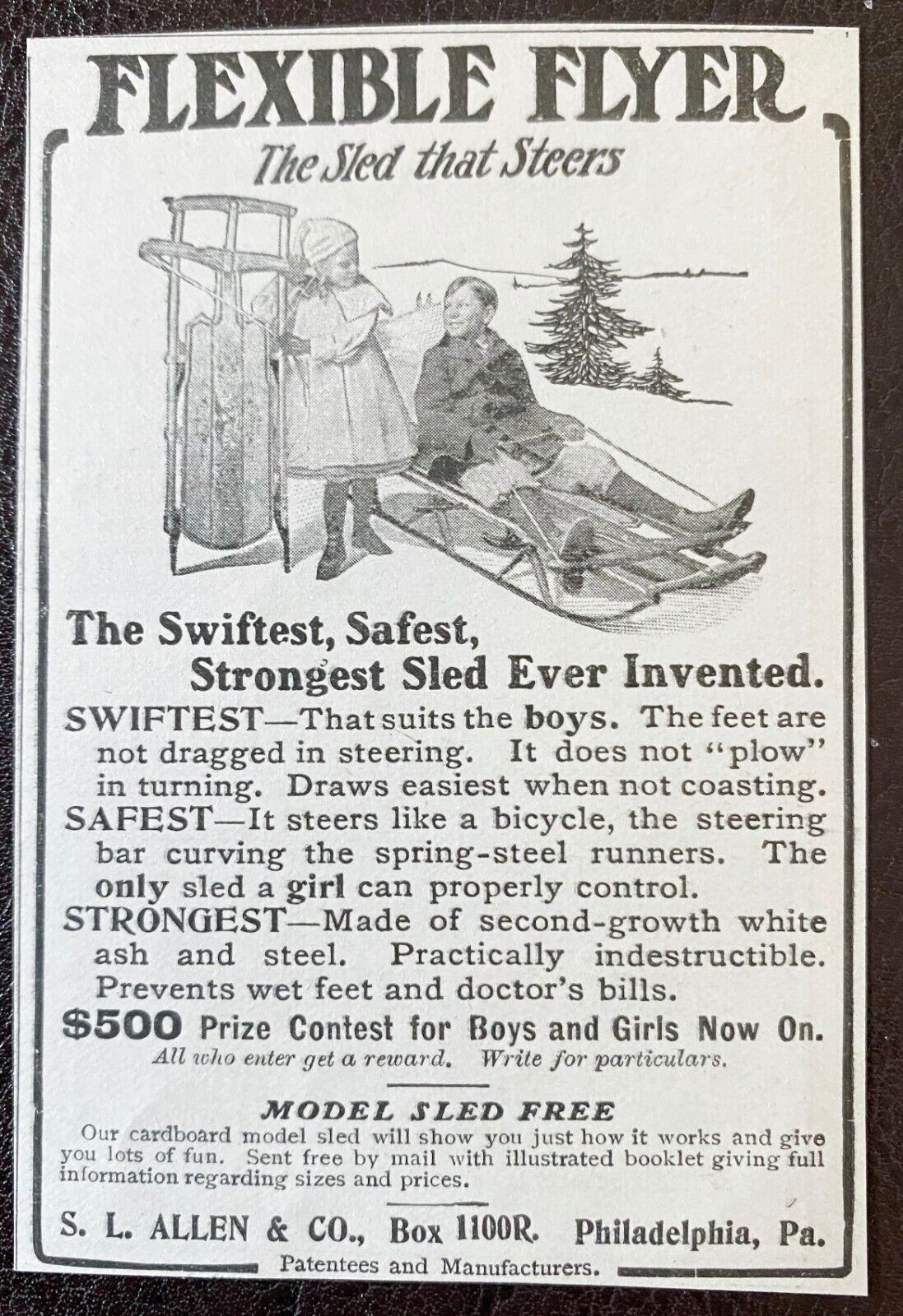 c1900s S.L.Allen FLEXIBLE FLYER Vtg Print Ads~Winter Snow Sled Kid Toy Xmas Gift