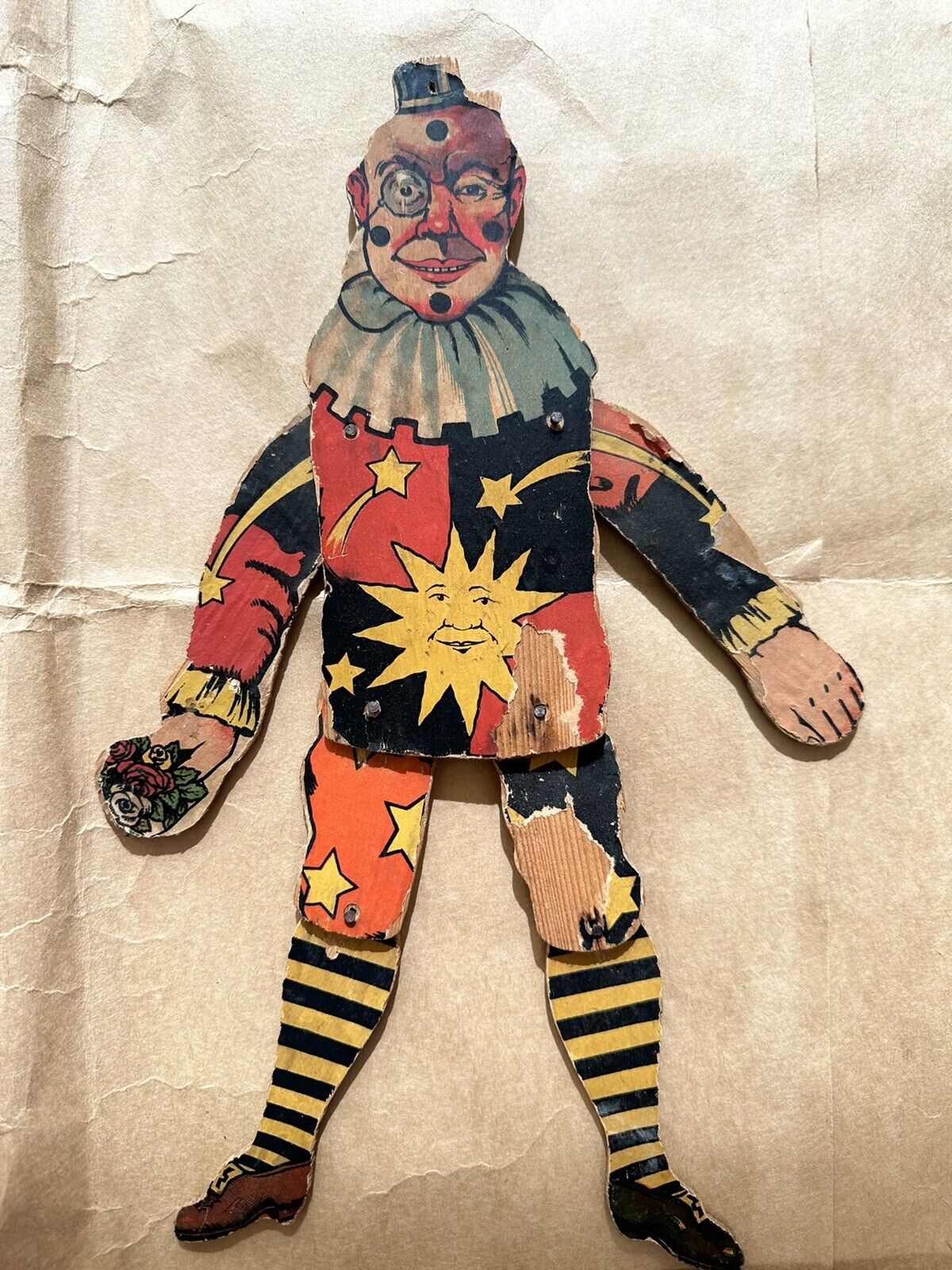 Antique Germany paper litho Jumping Jacks wood clown toy doll wall hanging