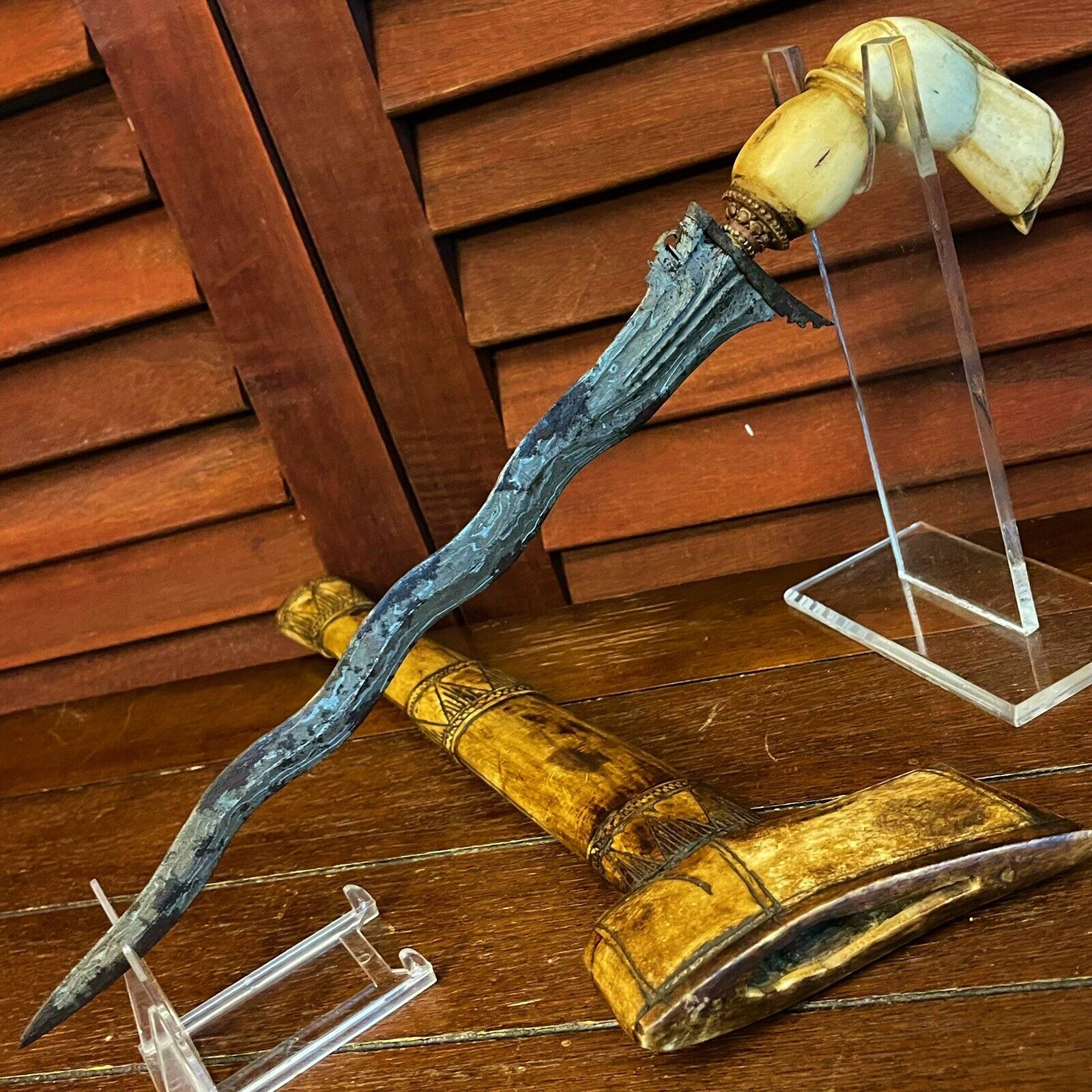 Antique Early 1800’s Indonesia Kris Keris Meteoric Dagger Blade Camel Bone, RARE