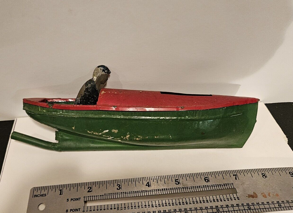 Vintage Antique Tin Toy Boat 8" with Captain early 1900s steam?