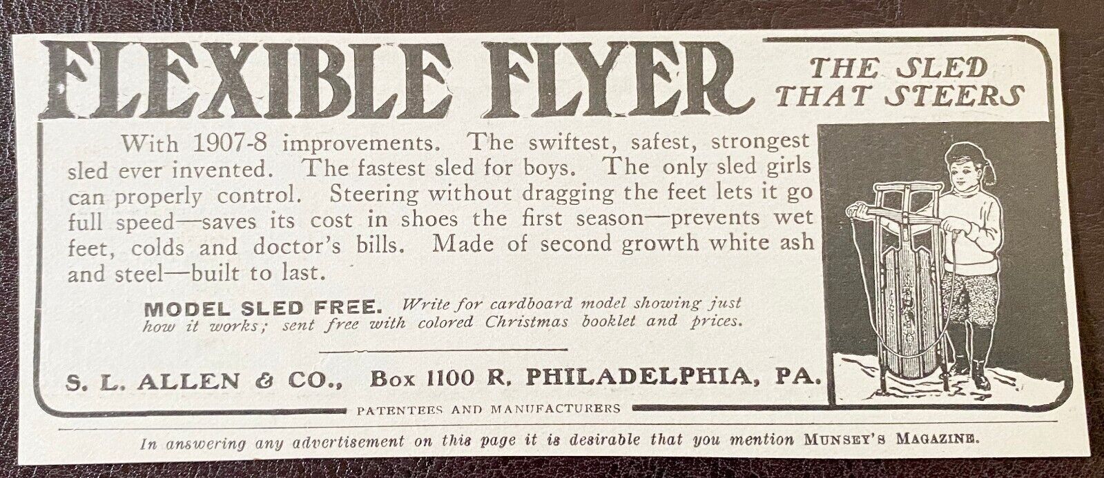 c1900s S.L.Allen FLEXIBLE FLYER Vtg Print Ads~Winter Snow Sled Kid Toy Xmas Gift