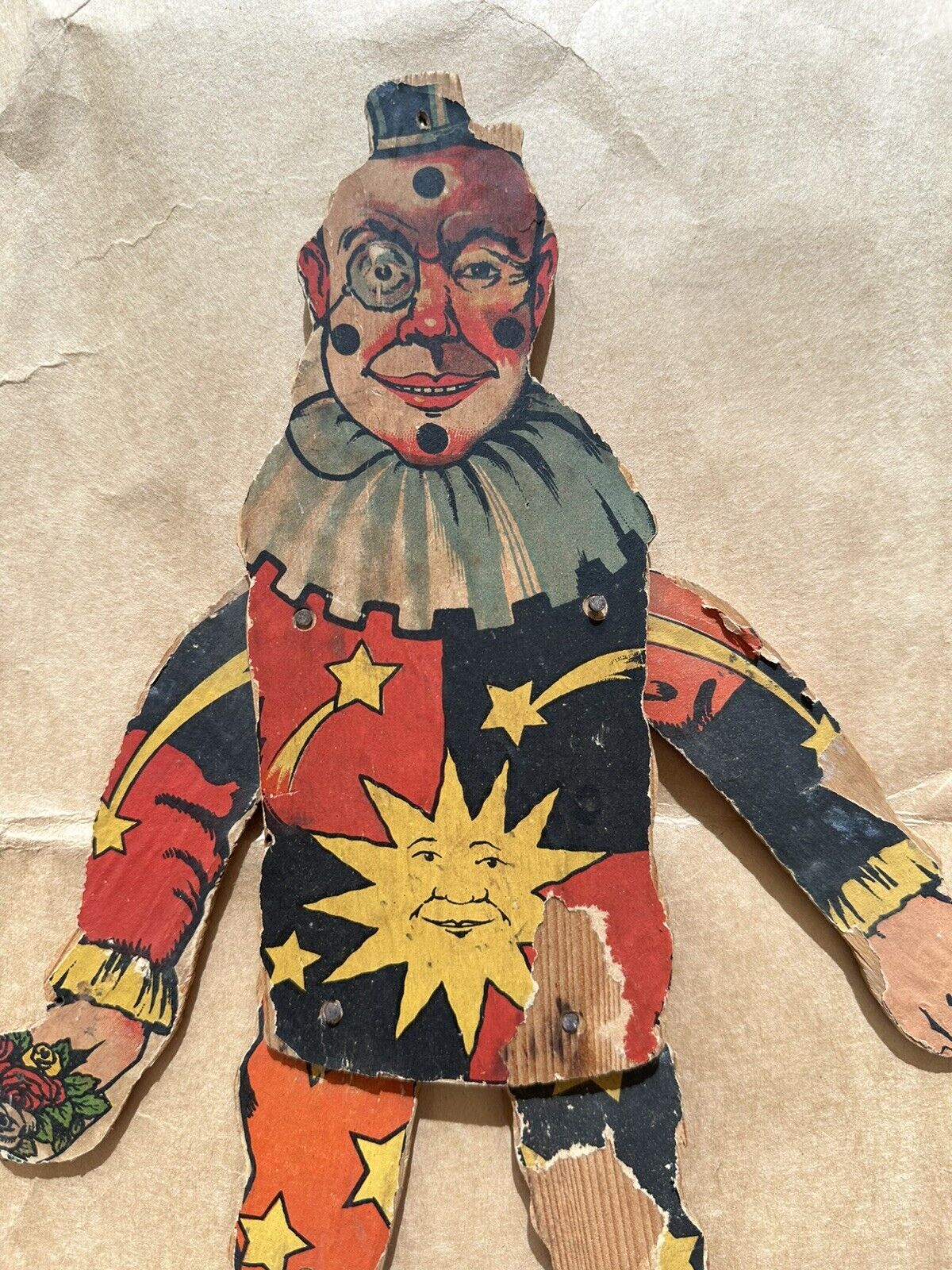 Antique Germany paper litho Jumping Jacks wood  clown toy doll wall hanging