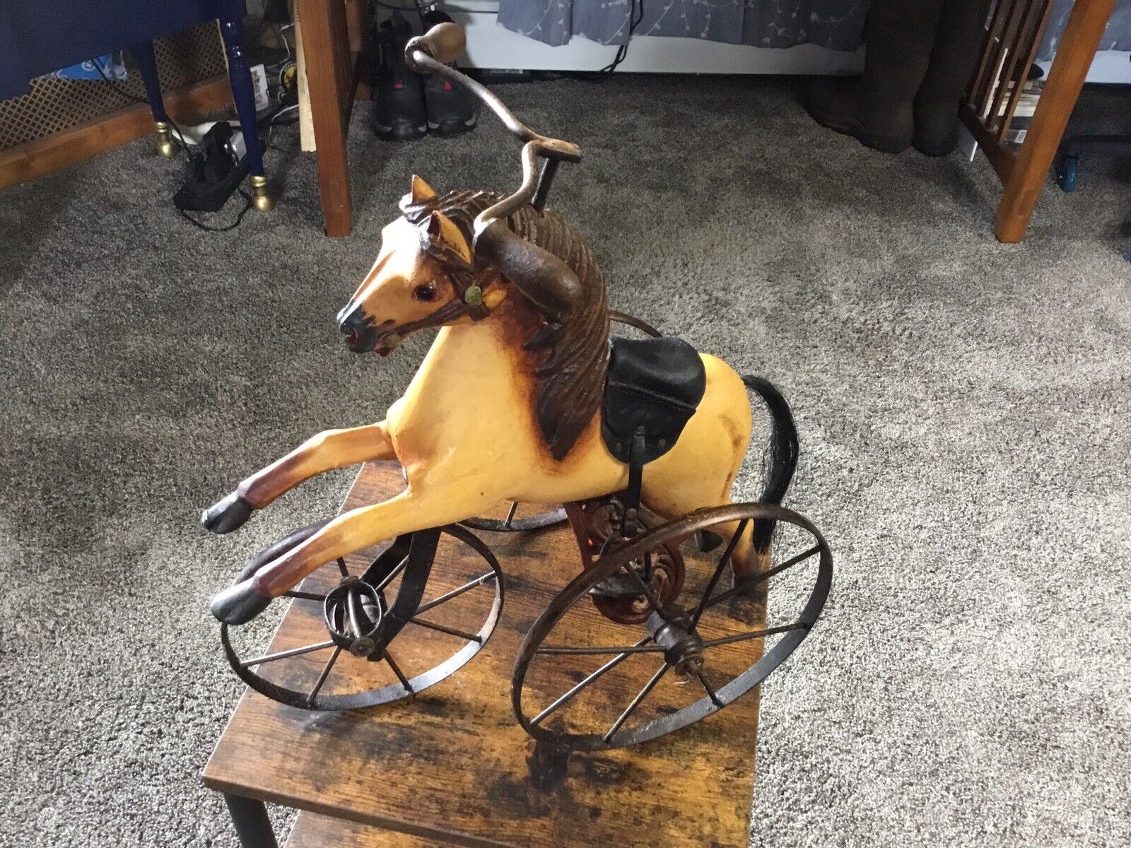 Antique Carved Wood & Iron Hand Carved Horse Tricycle Toy