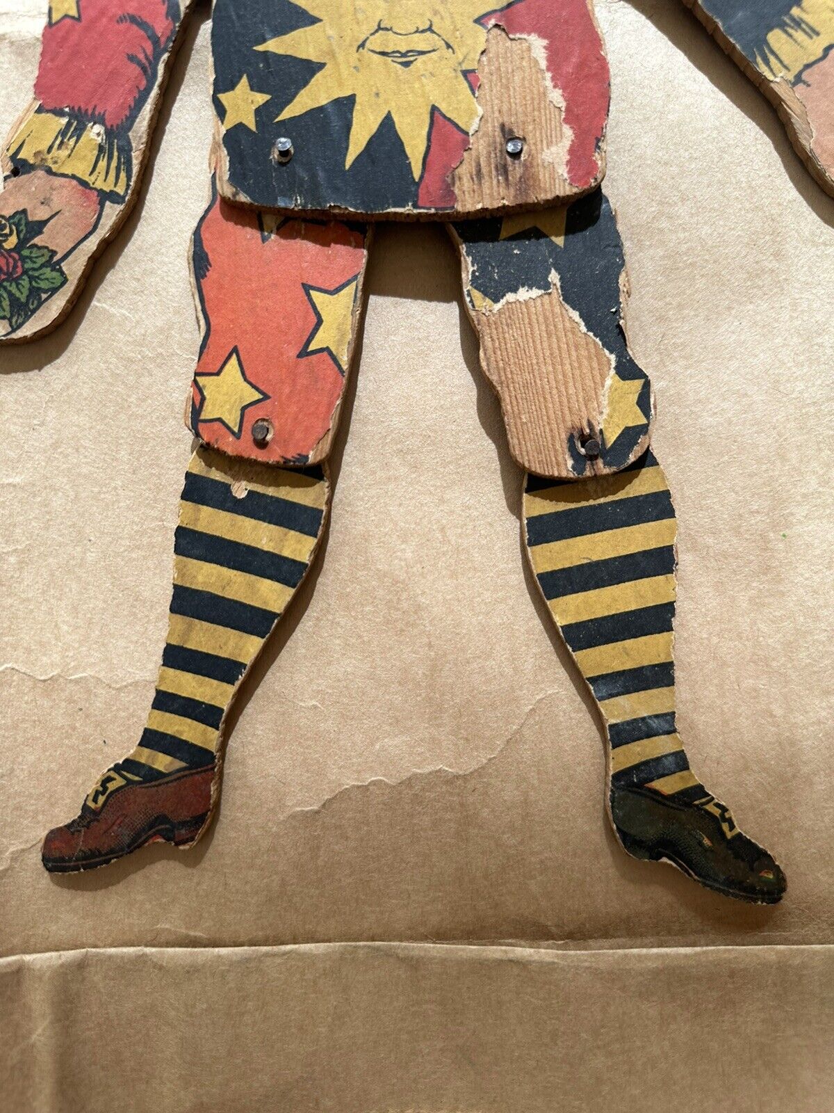 Antique Germany paper litho Jumping Jacks wood  clown toy doll wall hanging