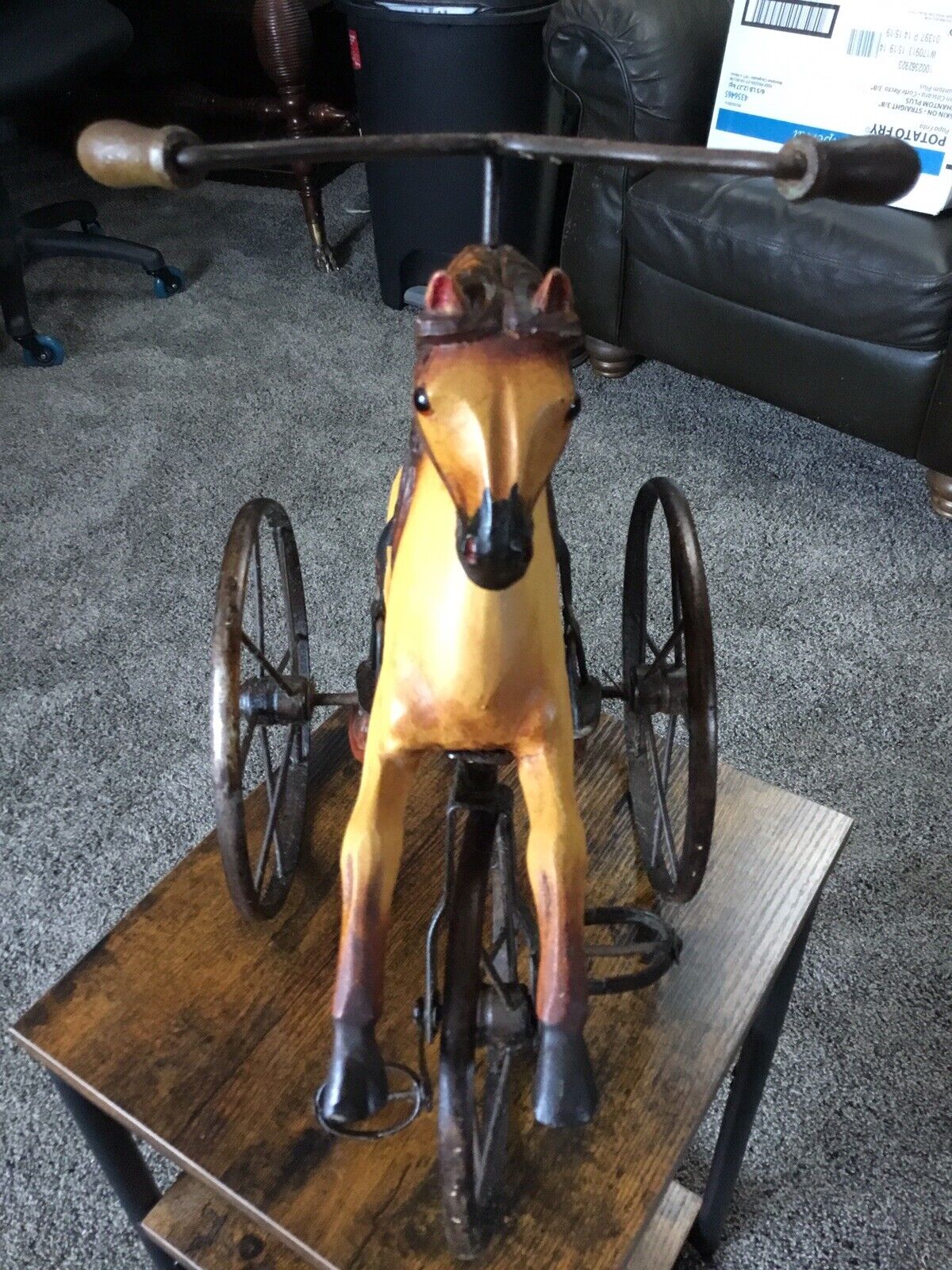Antique Carved Wood & Iron Hand Carved Horse Tricycle Toy