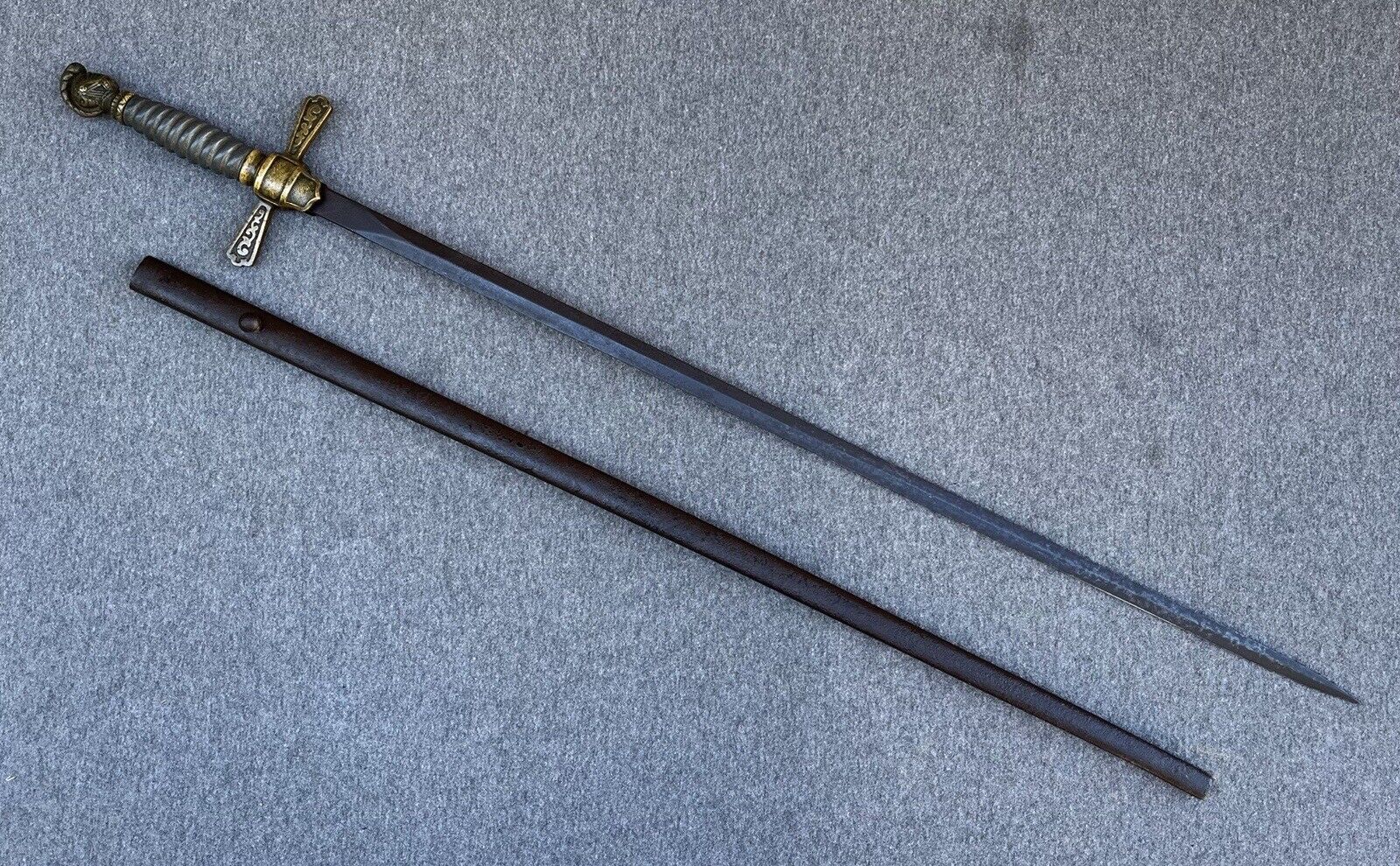 Circa 1800s Knight Head Pommel Militia Sword w/ Metal Scabbard