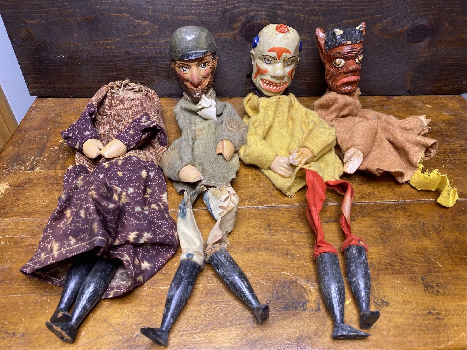 Early 1900’s Antique Carved Wood Victorian Punch and Judy Toy Lot - Clown/Devil