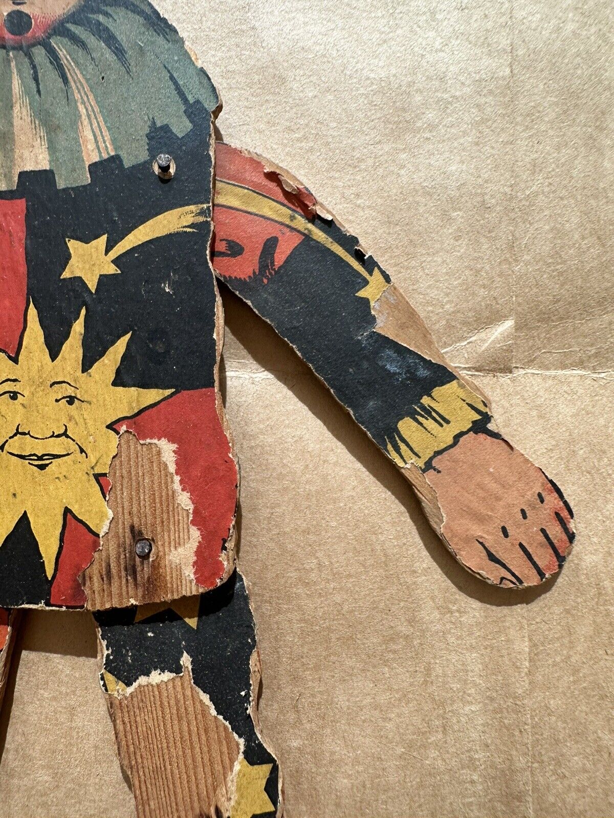 Antique Germany paper litho Jumping Jacks wood  clown toy doll wall hanging