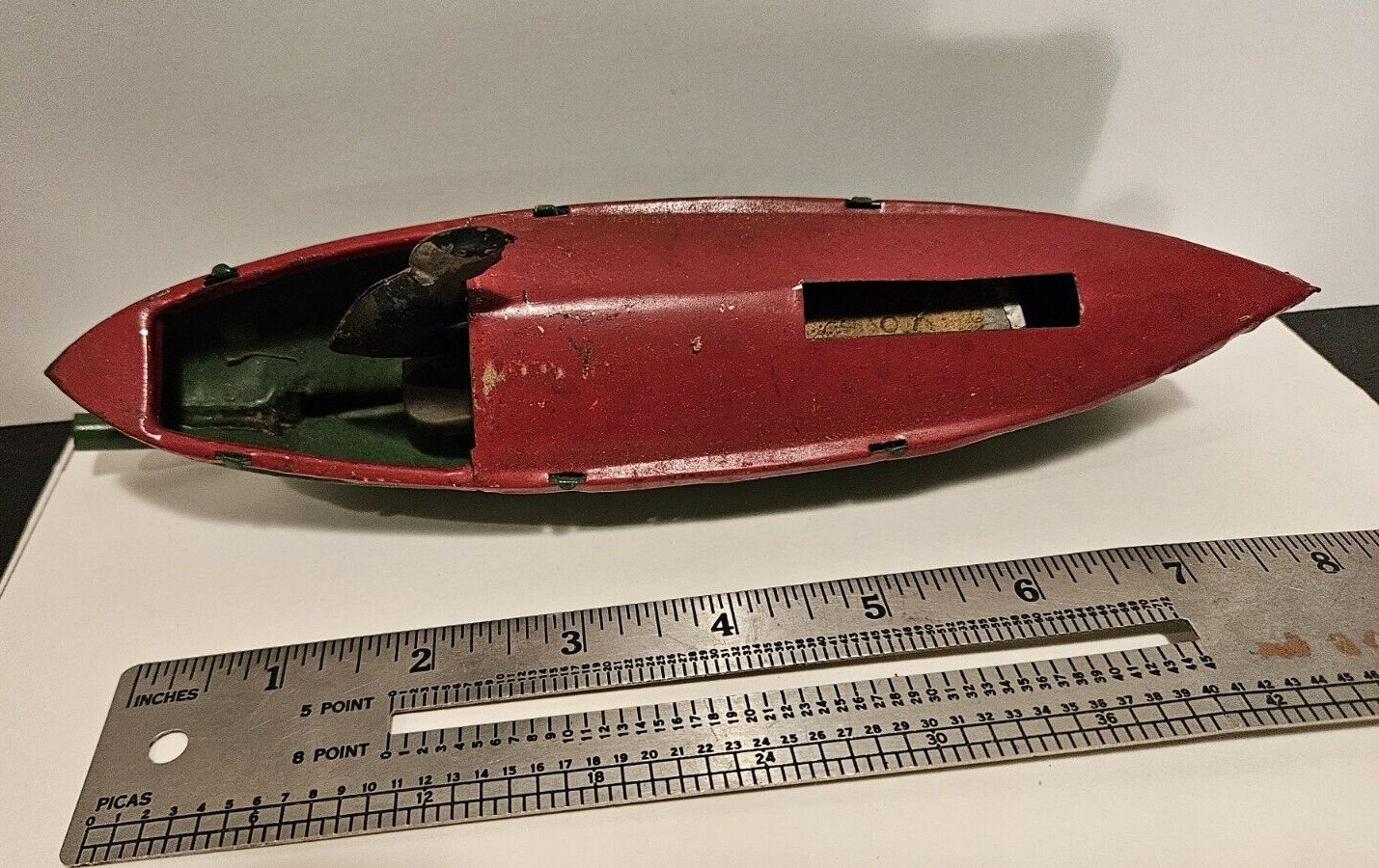 Vintage Antique Tin Toy Boat 8" with Captain early 1900s steam? 