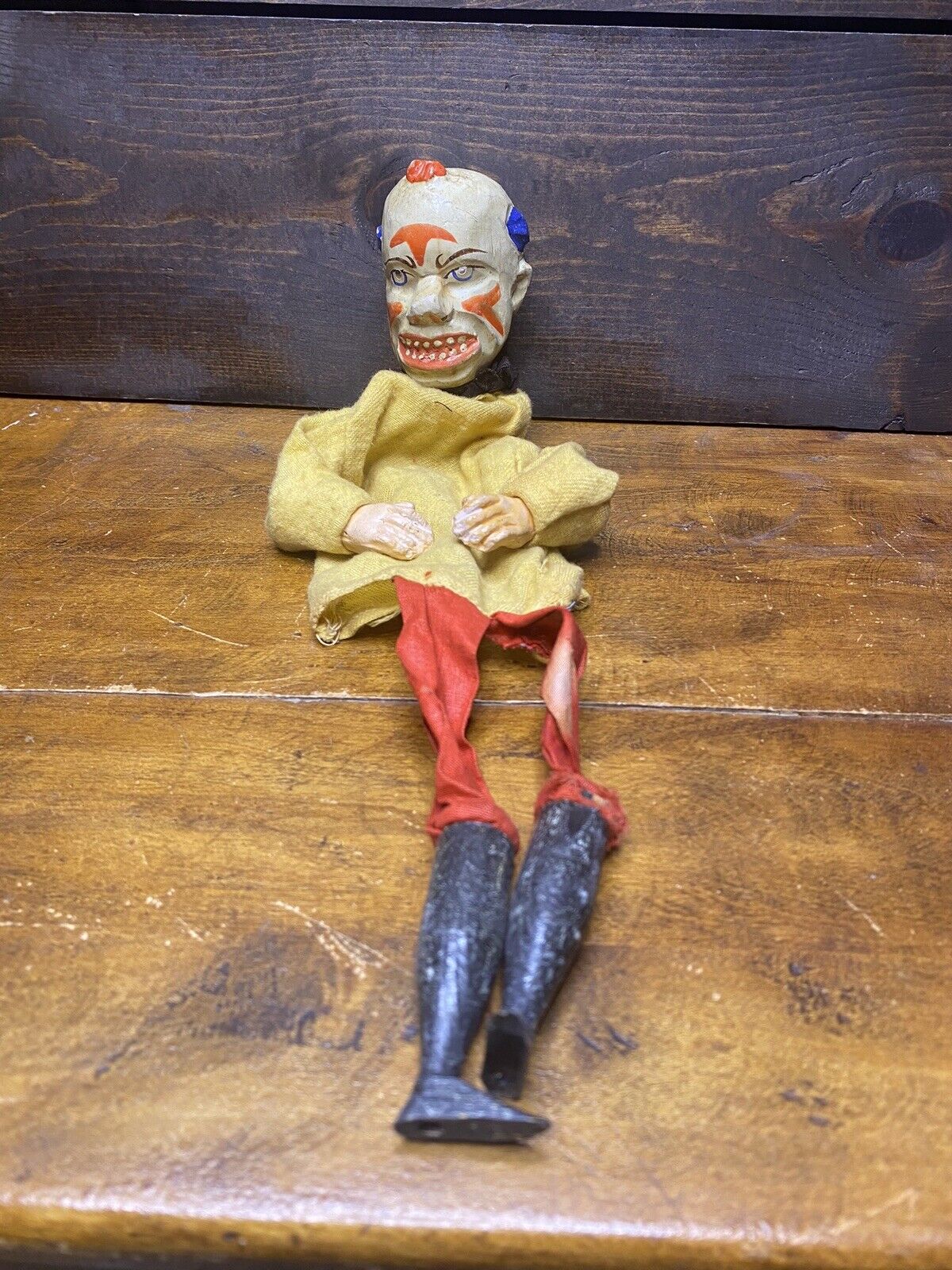 Early 1900’s Antique Carved Wood Victorian Punch and Judy Toy Lot - Clown/Devil