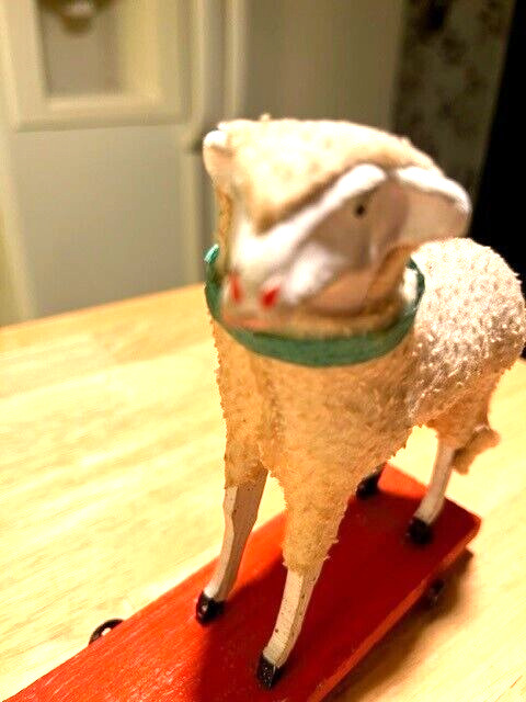 EARLY 1900S LARGE SIZE PUTZ SHEEP ON METAL WHEELS PULL TOY MADE IN GERMANY