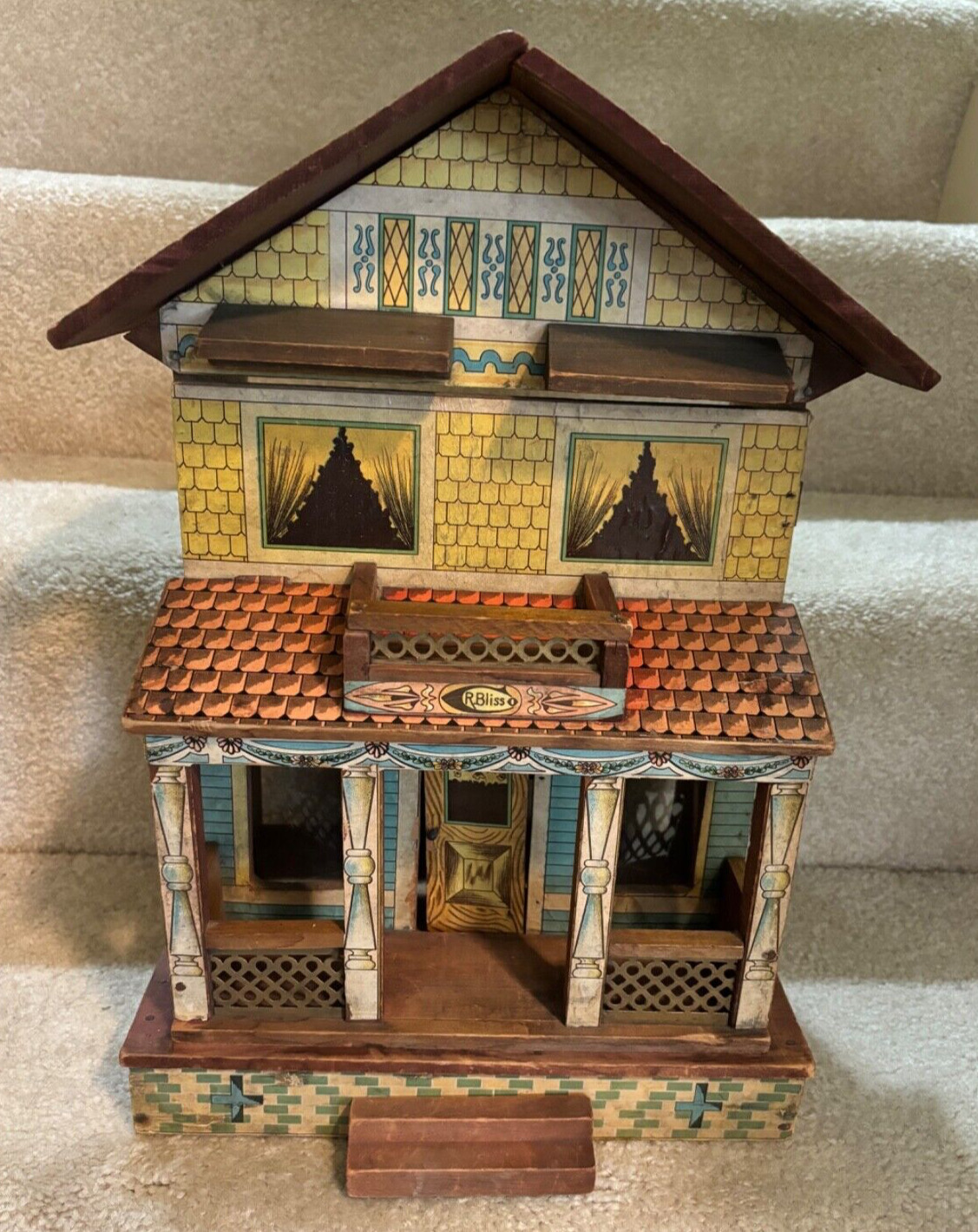 ANTIQUE - VINTAGE R. BLISS LITHO PAPER ON WOODEN TOY DOLLHOUSE W/ ORIGINAL STEPS