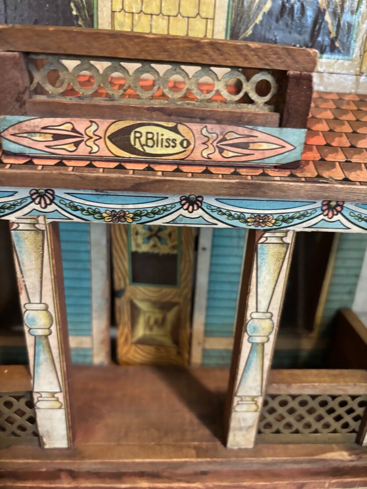 ANTIQUE - VINTAGE R. BLISS LITHO PAPER ON WOODEN TOY DOLLHOUSE W/ ORIGINAL STEPS
