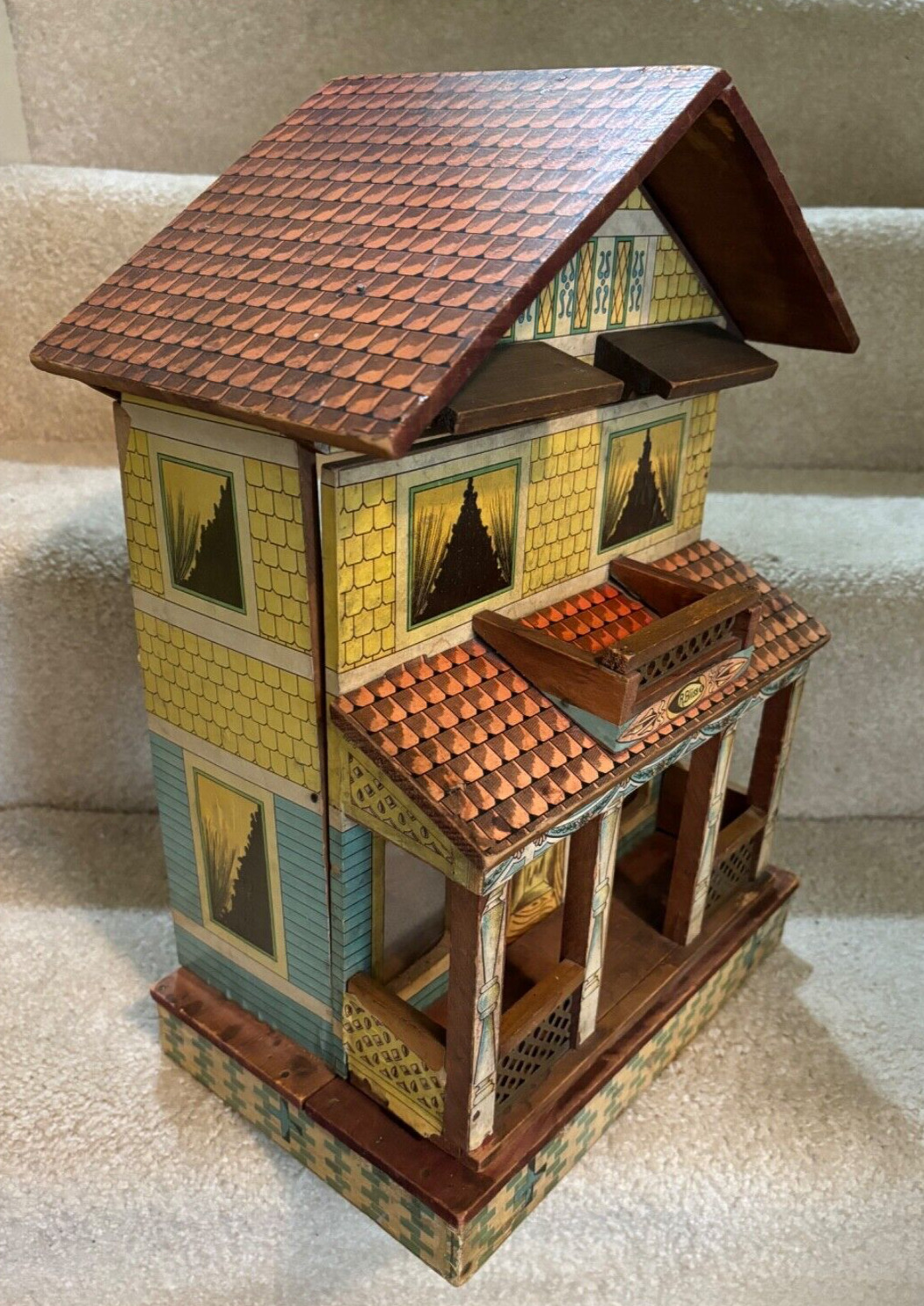 ANTIQUE - VINTAGE R. BLISS LITHO PAPER ON WOODEN TOY DOLLHOUSE W/ ORIGINAL STEPS