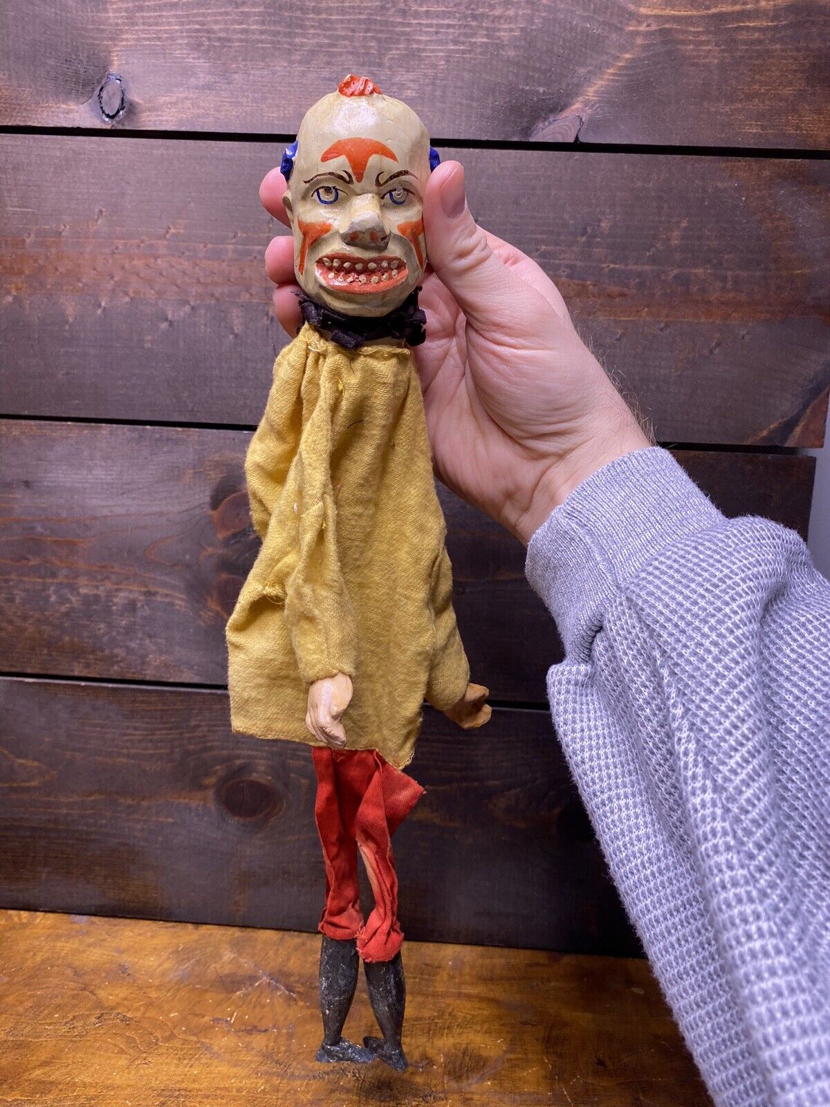 Early 1900’s Antique Carved Wood Victorian Punch and Judy Toy Lot - Clown/Devil