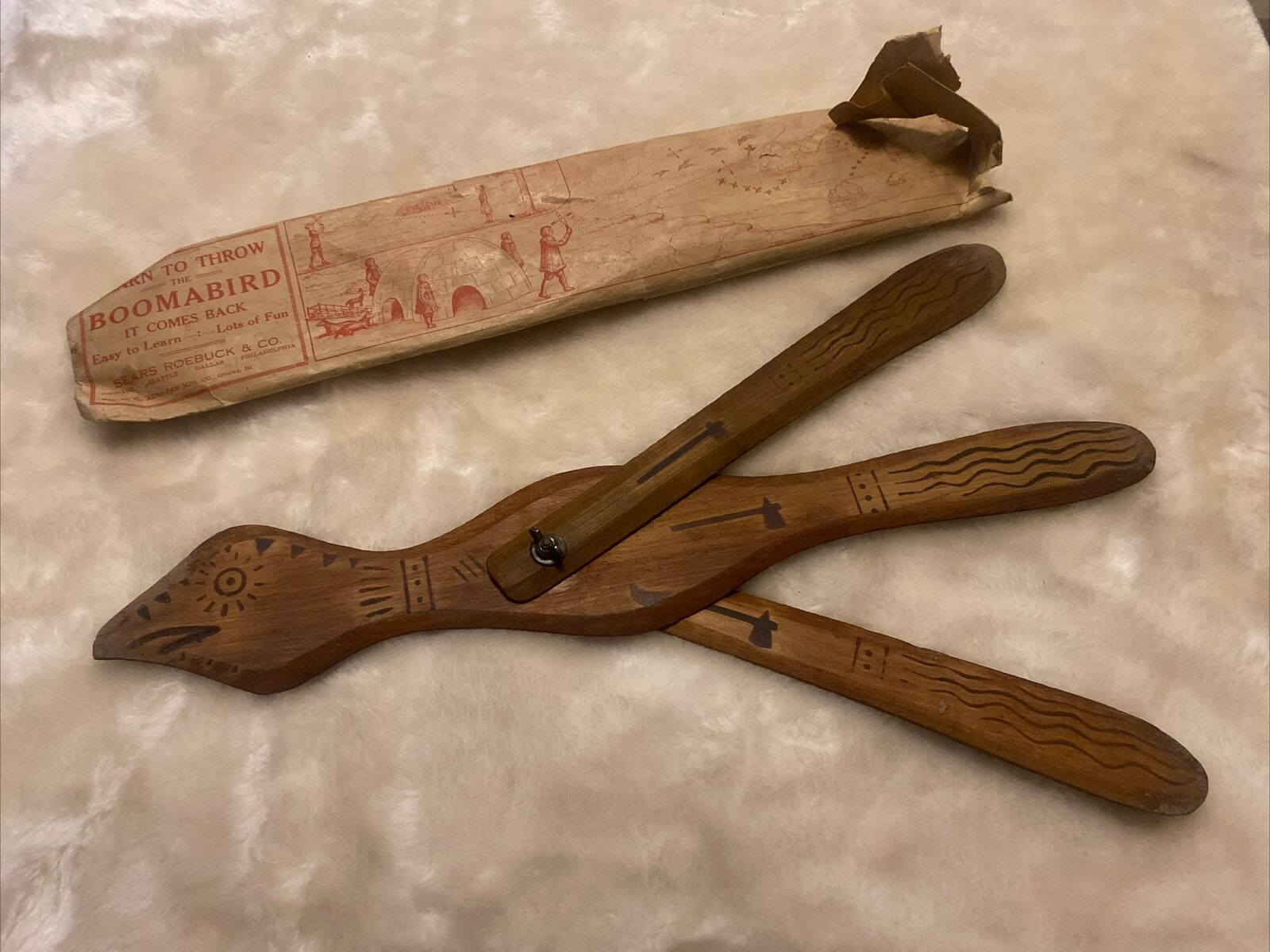 1900's Vintage Sears Roebuck & Co. Wooden Boomabird Toy W/ Original Packaging