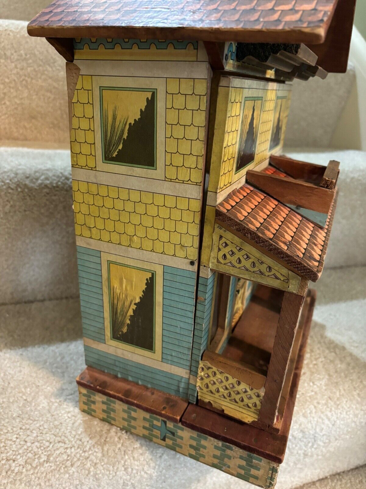 ANTIQUE - VINTAGE R. BLISS LITHO PAPER ON WOODEN TOY DOLLHOUSE W/ ORIGINAL STEPS