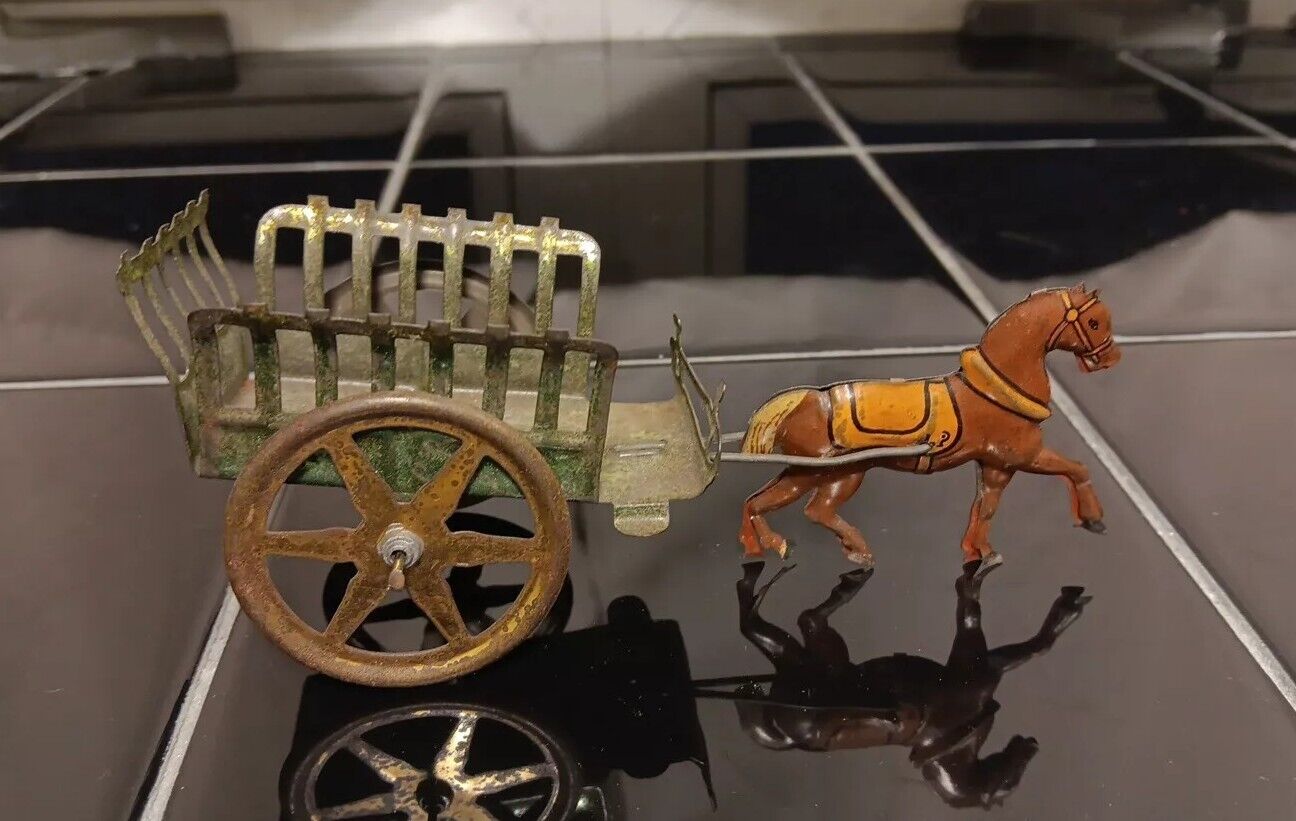Early 1900s Tin Penny Toy Horse pulling cart wagon~ Very Unusual Example 5.50"