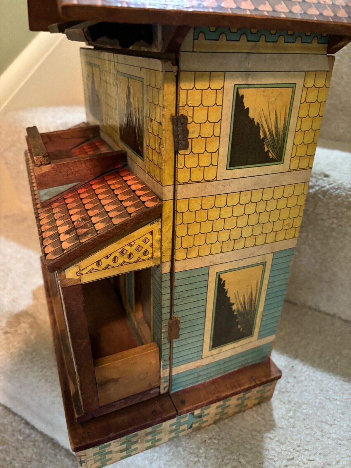 ANTIQUE - VINTAGE R. BLISS LITHO PAPER ON WOODEN TOY DOLLHOUSE W/ ORIGINAL STEPS