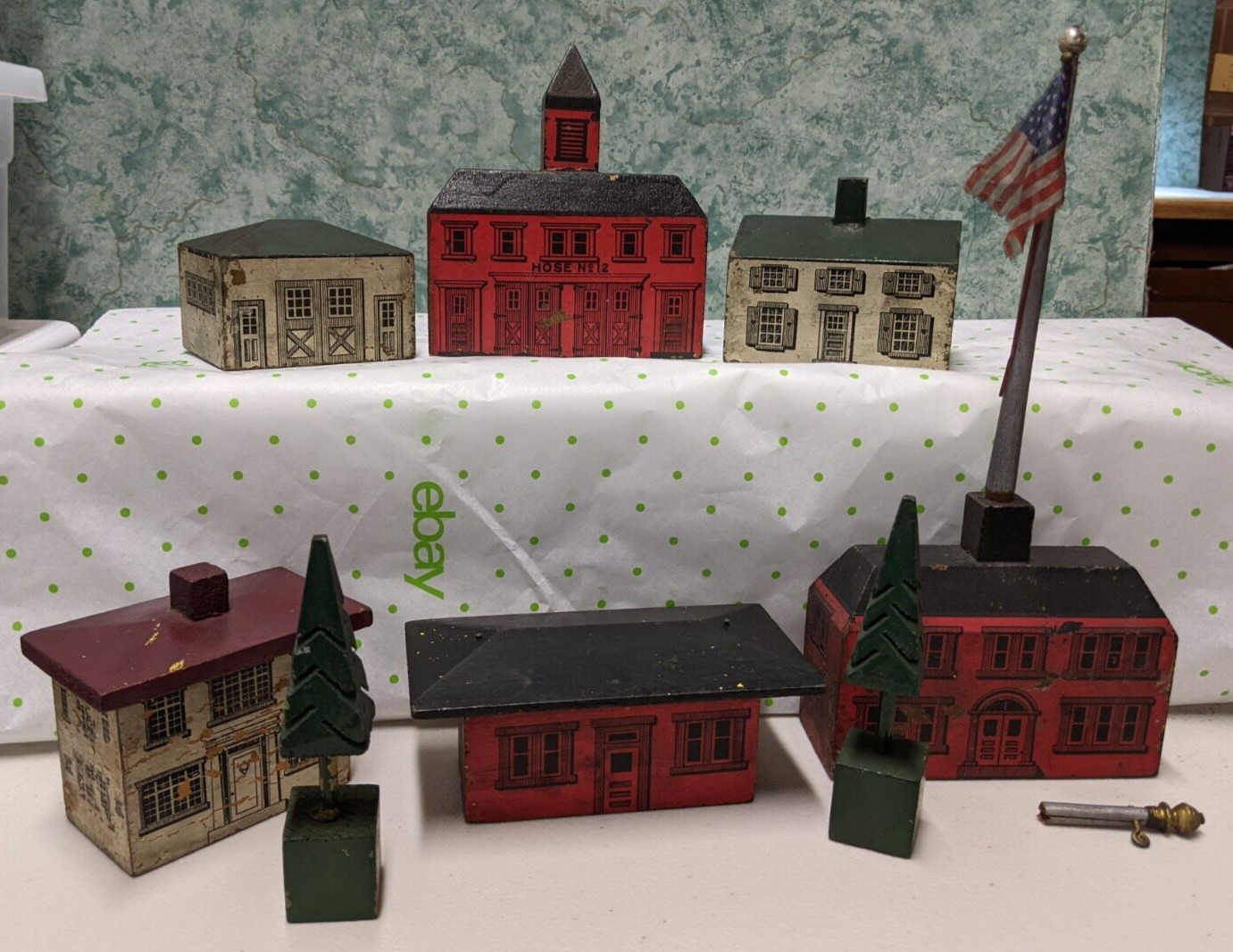 6 Antique Toy Wooden Village Buildings Silk Flag 2 Trees Early 1900's