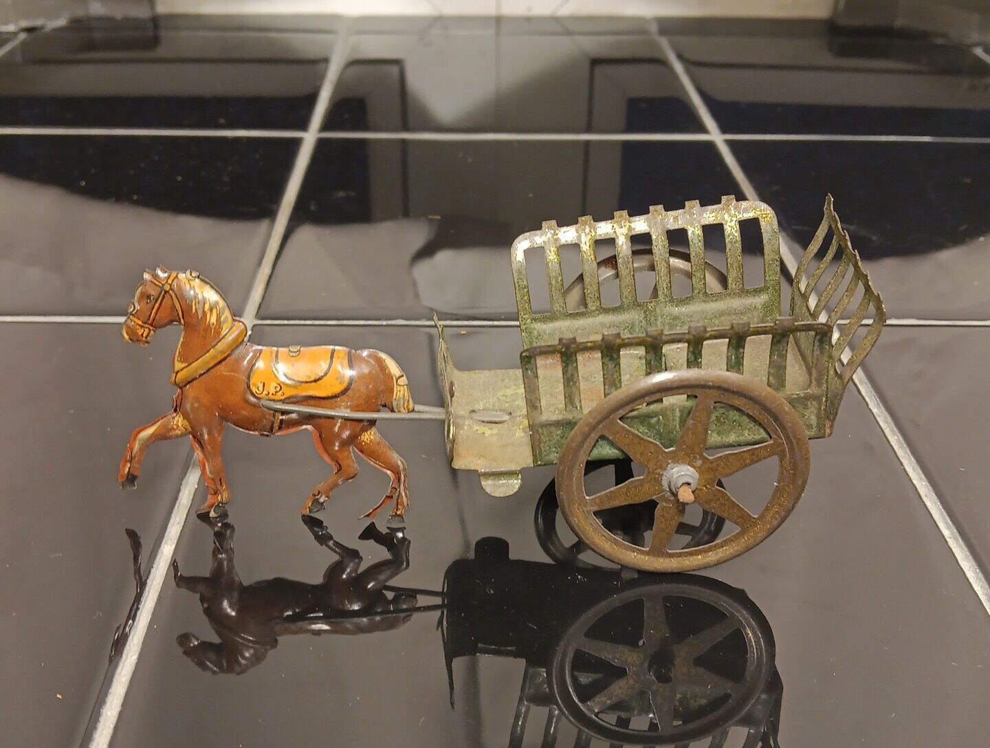 Early 1900s Tin Penny Toy Horse pulling cart wagon~ Very Unusual Example 5.50" 