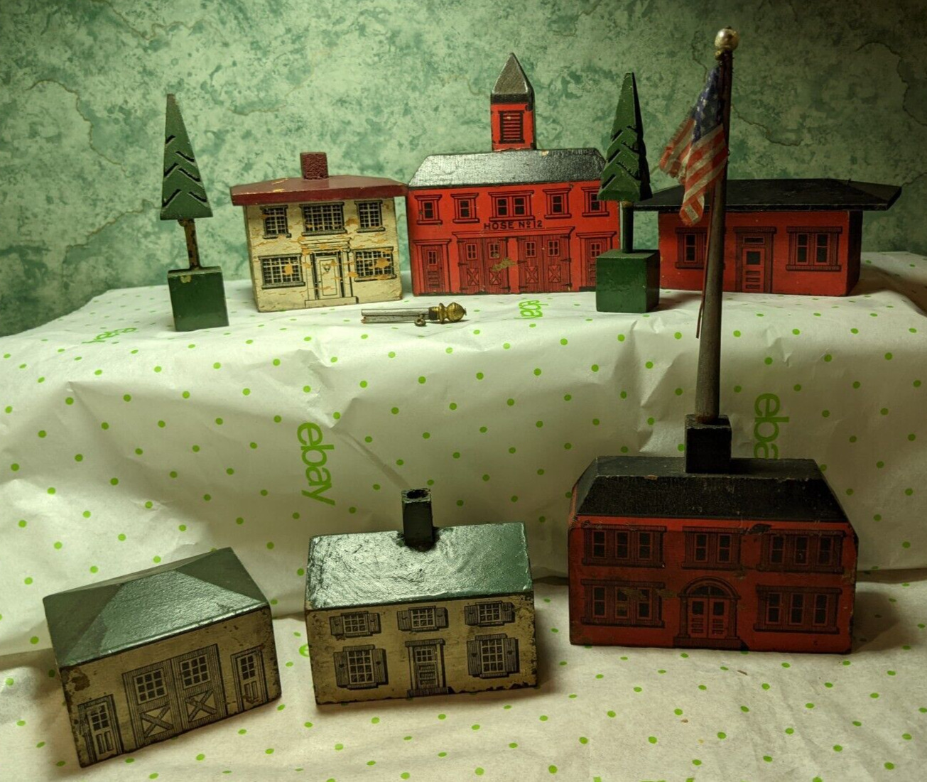 6 Antique Toy Wooden Village Buildings Silk Flag 2 Trees Early 1900's