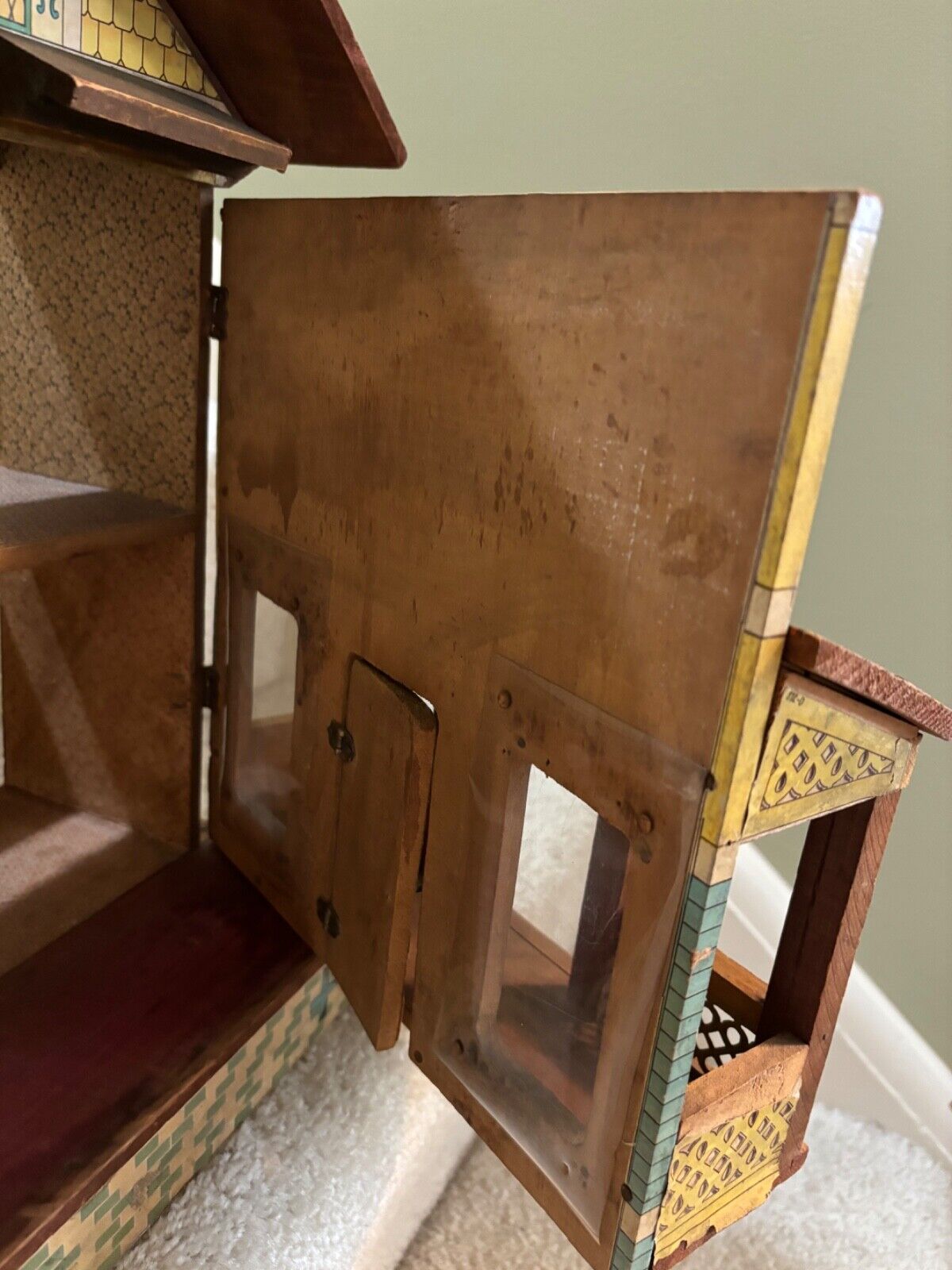 ANTIQUE - VINTAGE R. BLISS LITHO PAPER ON WOODEN TOY DOLLHOUSE W/ ORIGINAL STEPS