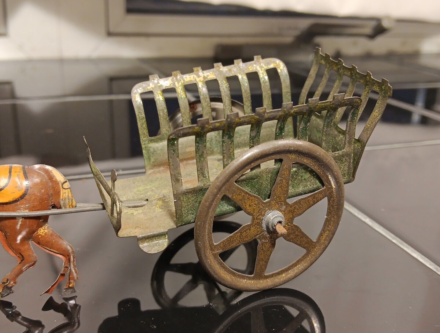 Early 1900s Tin Penny Toy Horse pulling cart wagon~ Very Unusual Example 5.50" 