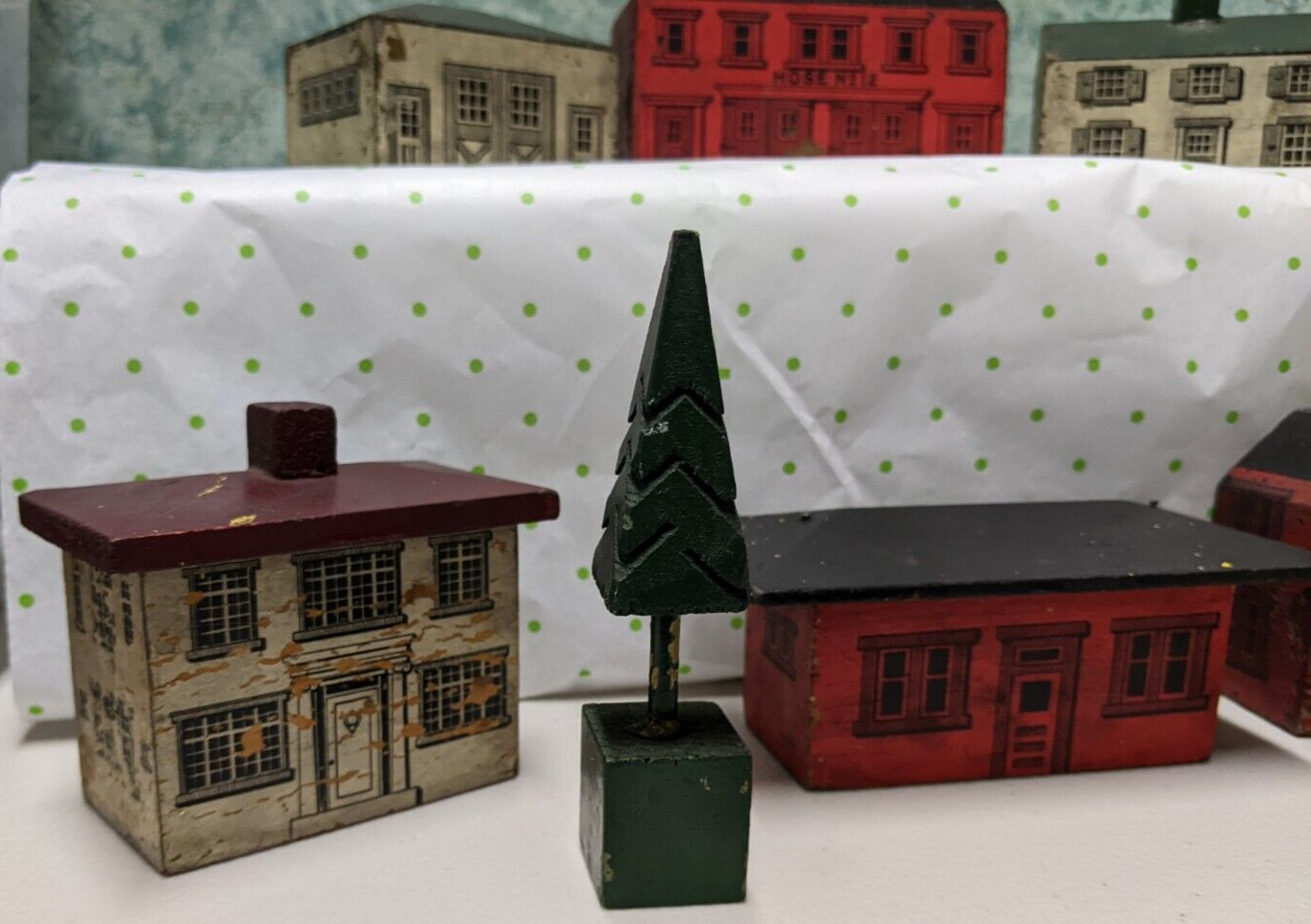 6 Antique Toy Wooden Village Buildings Silk Flag 2 Trees Early 1900's