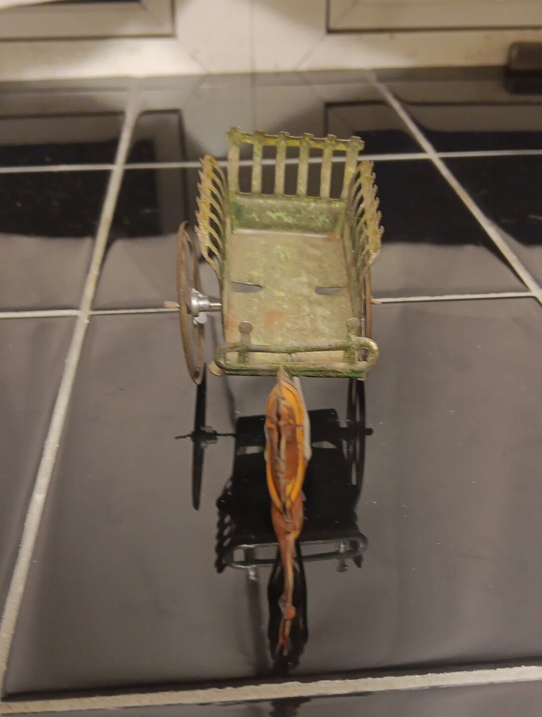 Early 1900s Tin Penny Toy Horse pulling cart wagon~ Very Unusual Example 5.50" 