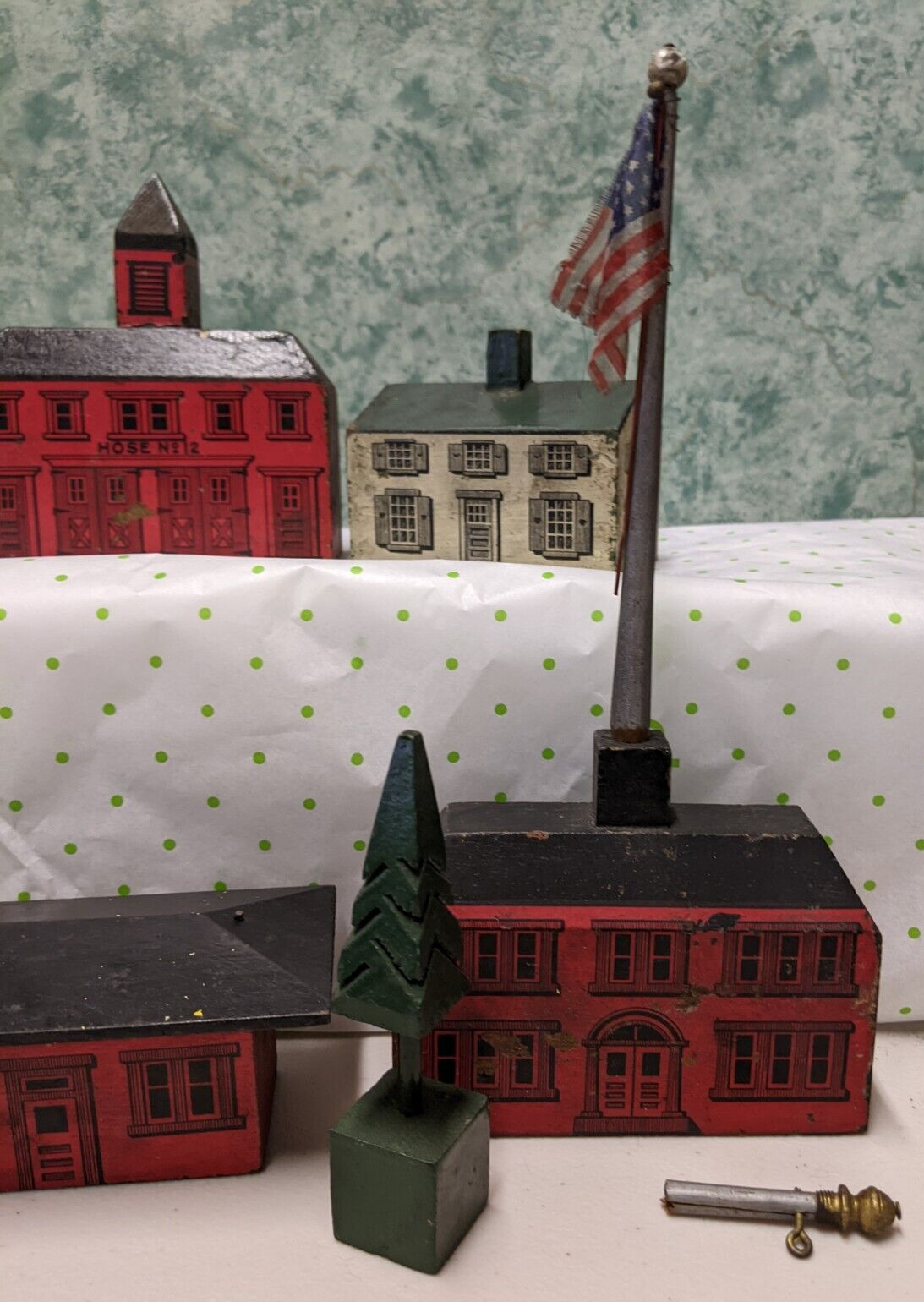 6 Antique Toy Wooden Village Buildings Silk Flag 2 Trees Early 1900's