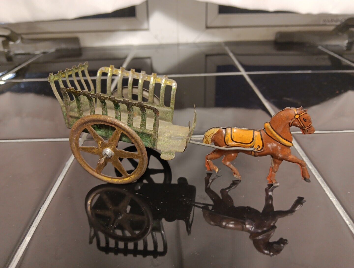 Early 1900s Tin Penny Toy Horse pulling cart wagon~ Very Unusual Example 5.50" 