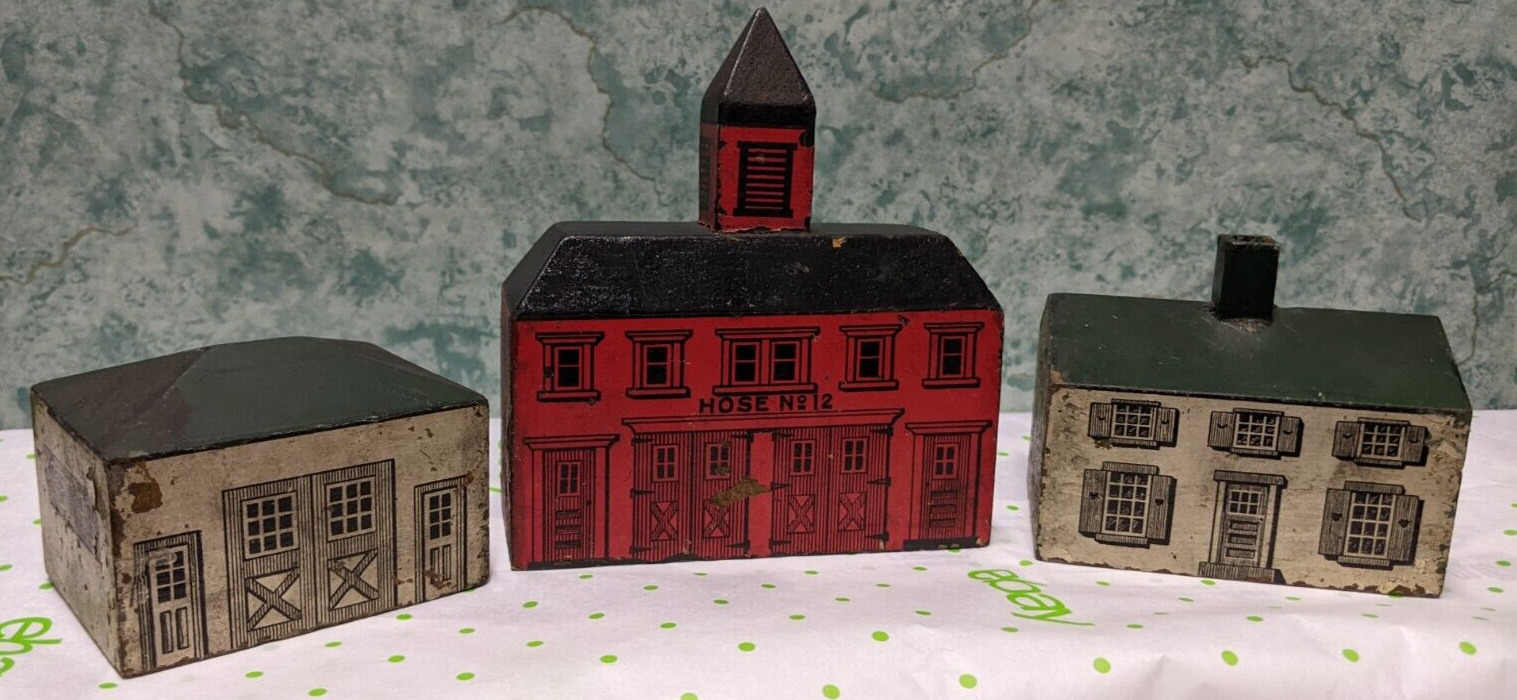 6 Antique Toy Wooden Village Buildings Silk Flag 2 Trees Early 1900's
