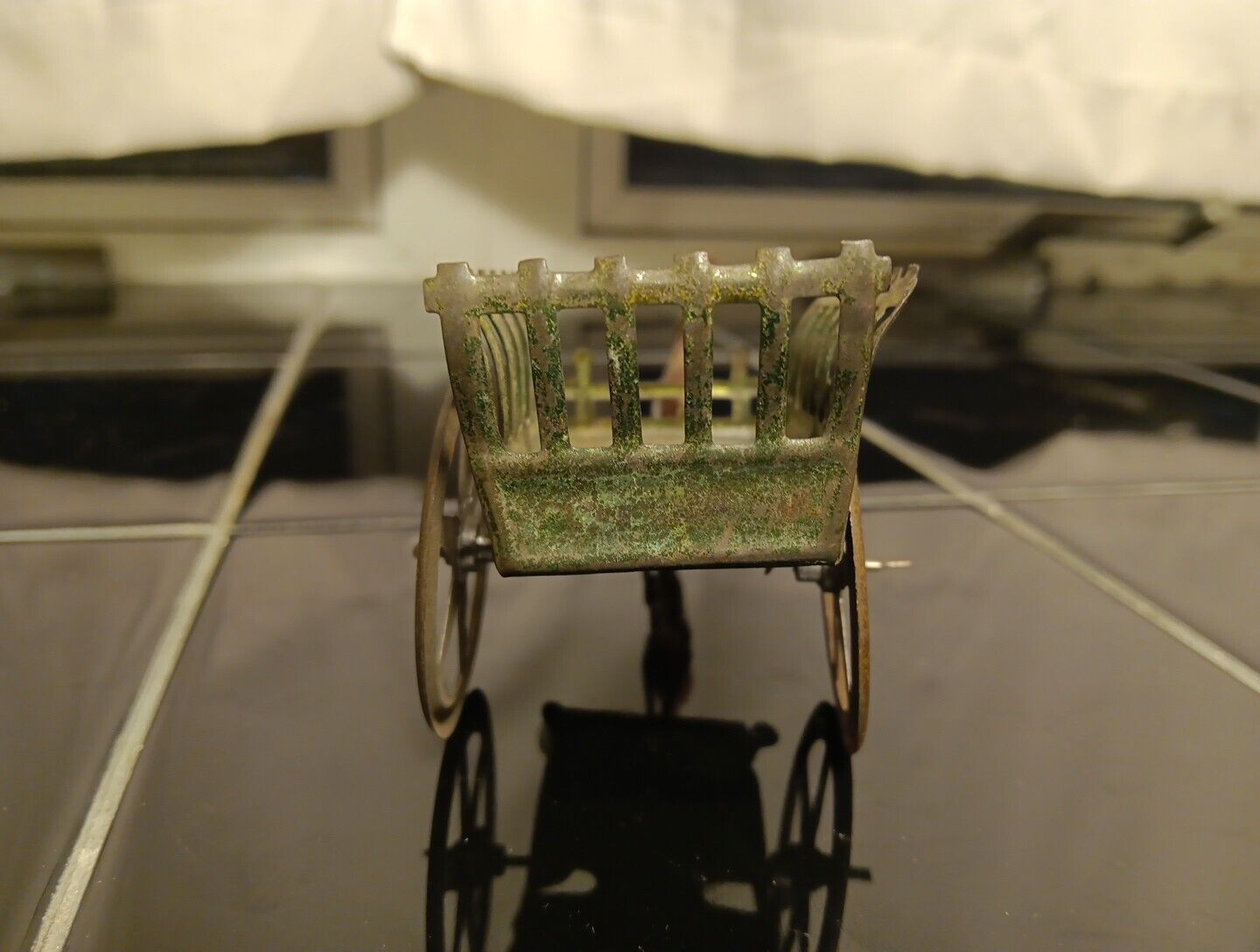 Early 1900s Tin Penny Toy Horse pulling cart wagon~ Very Unusual Example 5.50" 