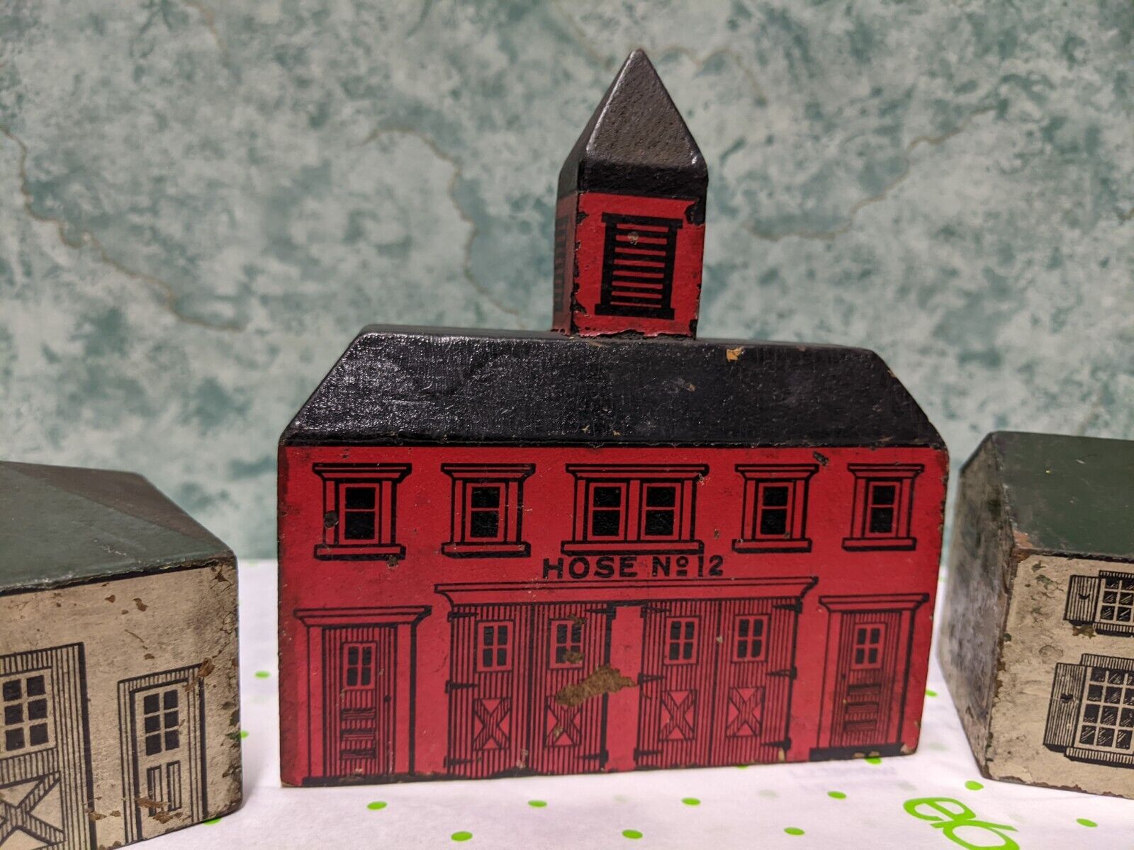 6 Antique Toy Wooden Village Buildings Silk Flag 2 Trees Early 1900's