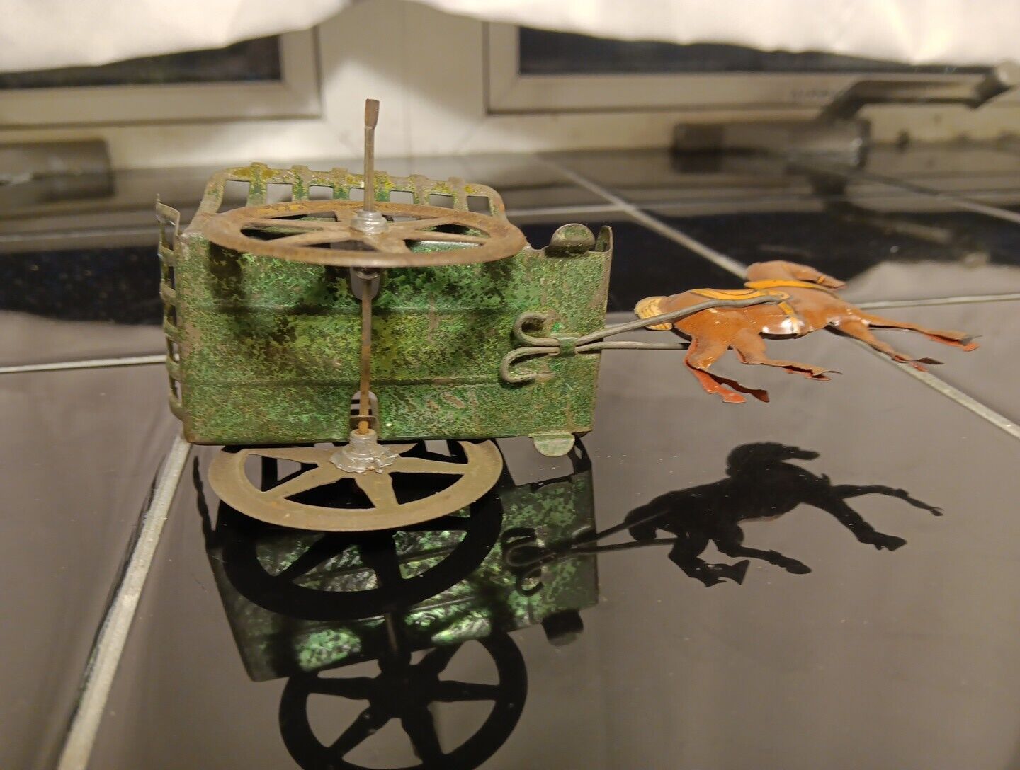 Early 1900s Tin Penny Toy Horse pulling cart wagon~ Very Unusual Example 5.50" 