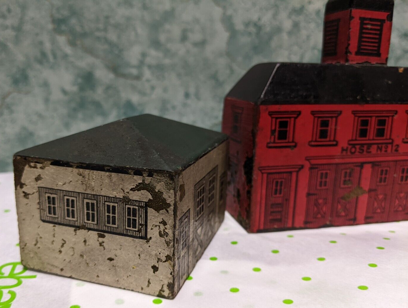 6 Antique Toy Wooden Village Buildings Silk Flag 2 Trees Early 1900's