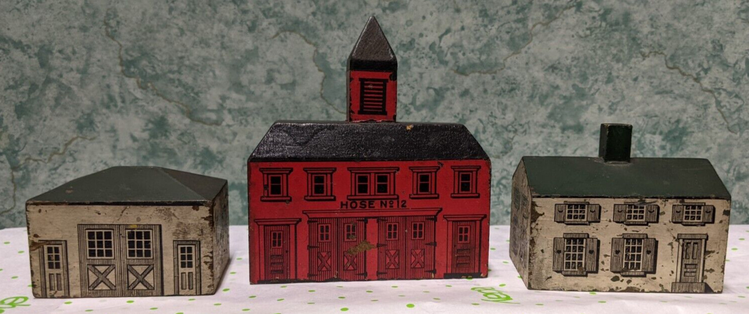 6 Antique Toy Wooden Village Buildings Silk Flag 2 Trees Early 1900's