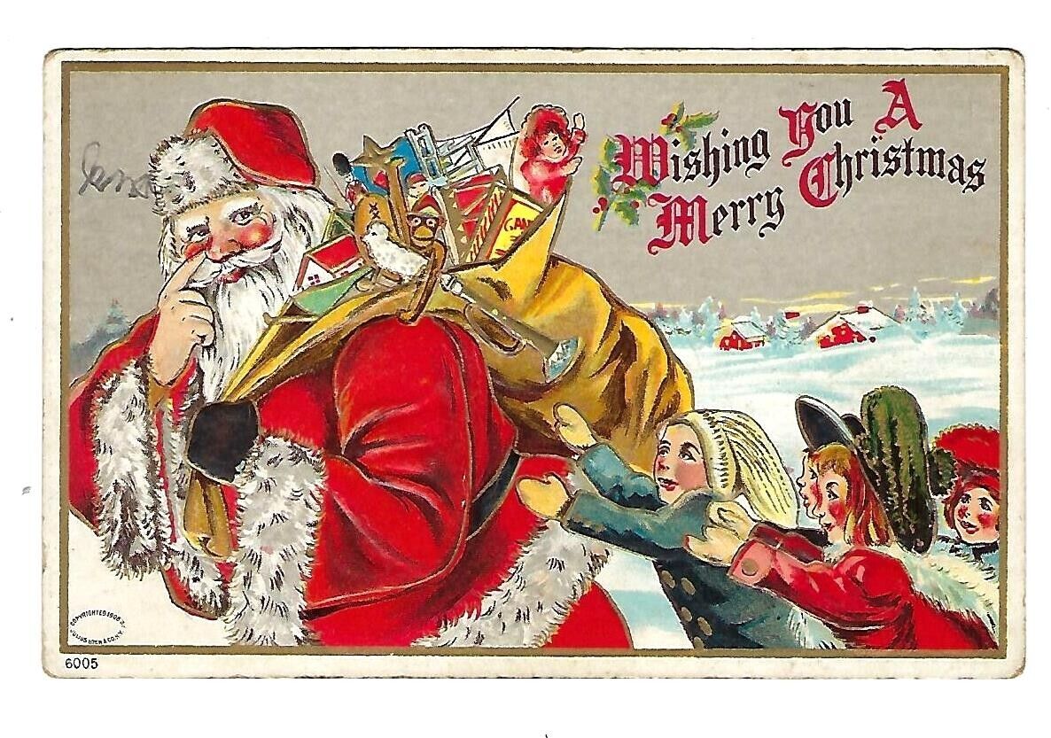 Early 1900's Julius Bien Christmas Postcard Santa w/Toys & Children Emb.
