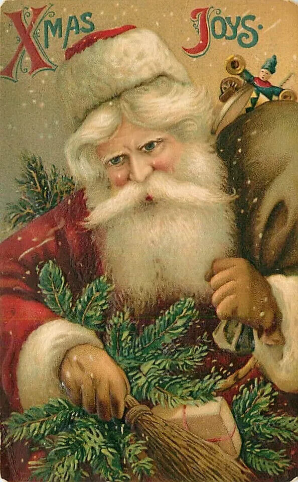 Long Beard Santa Claus with Pine Branches Toys ~Antique Christmas Postcard~k763