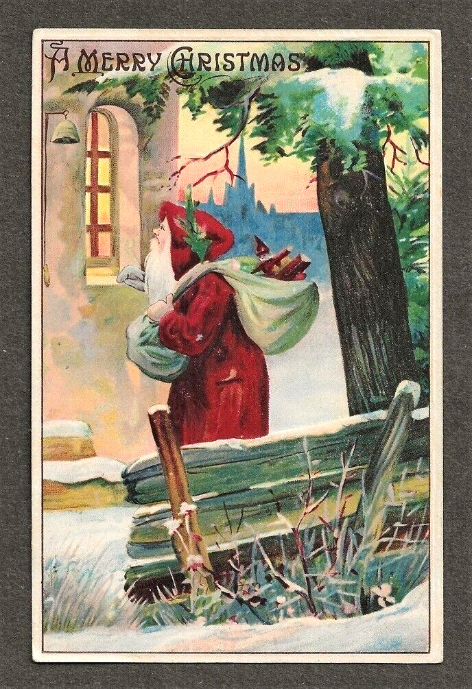 1900s Old World SANTA Looking in Window ~Bag of Toys ~Anique Postcard