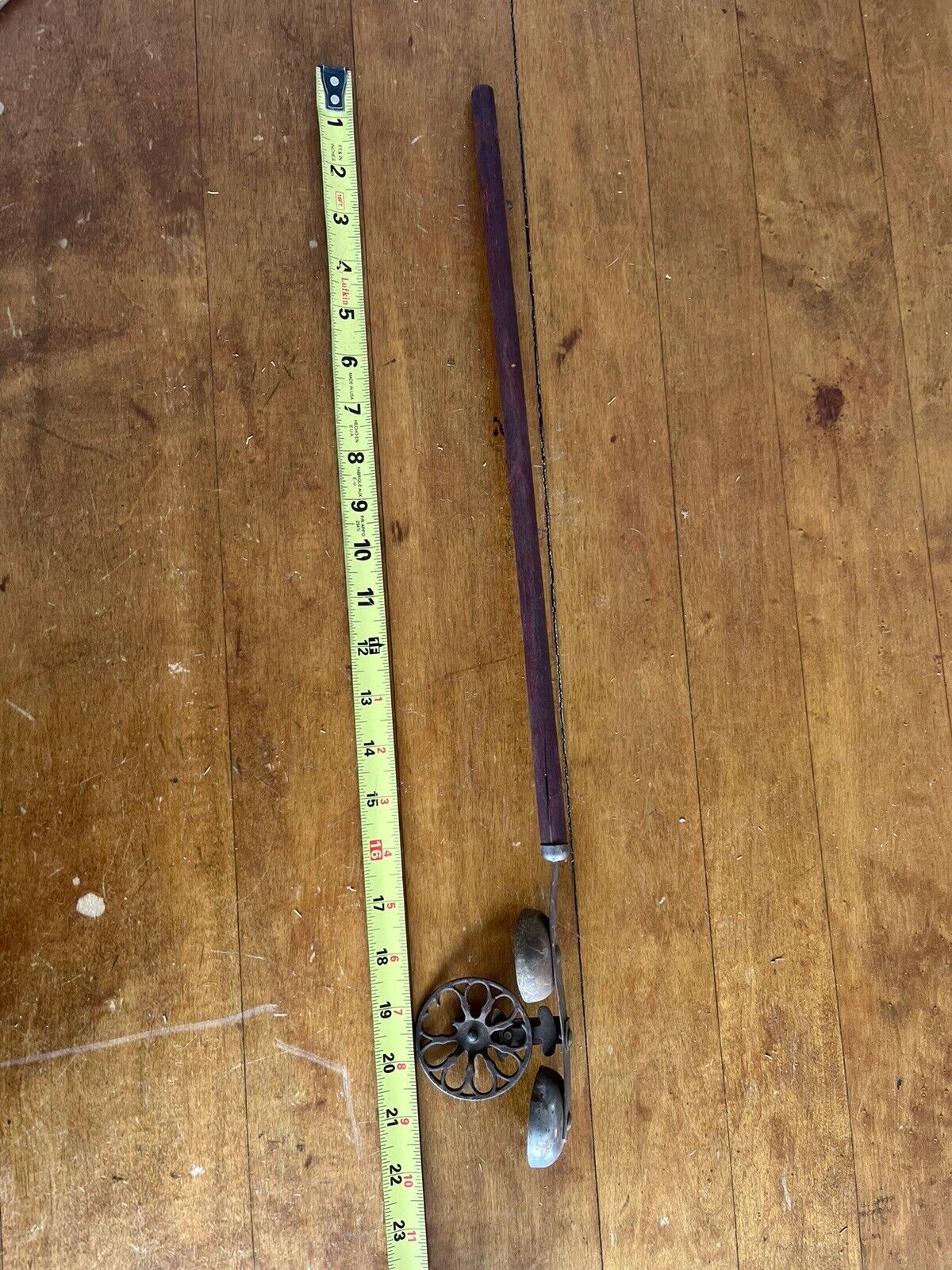 ANTIQUE EARLY 1900's CHILD'S PUSH METAL BELL TOY WOODEN HANDLE - WORKS