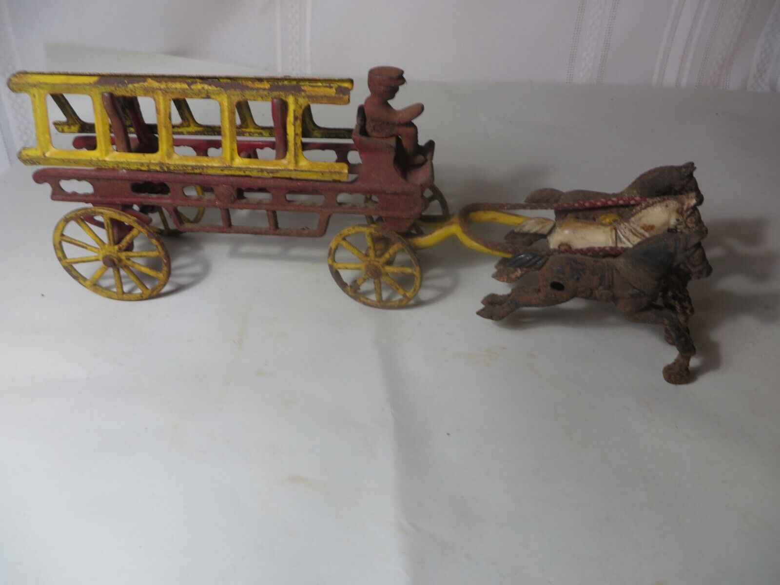 LATE 1800'S CAST IRON FIRE LADDER HORSE DRAWN WAGON TOY 12" LONG